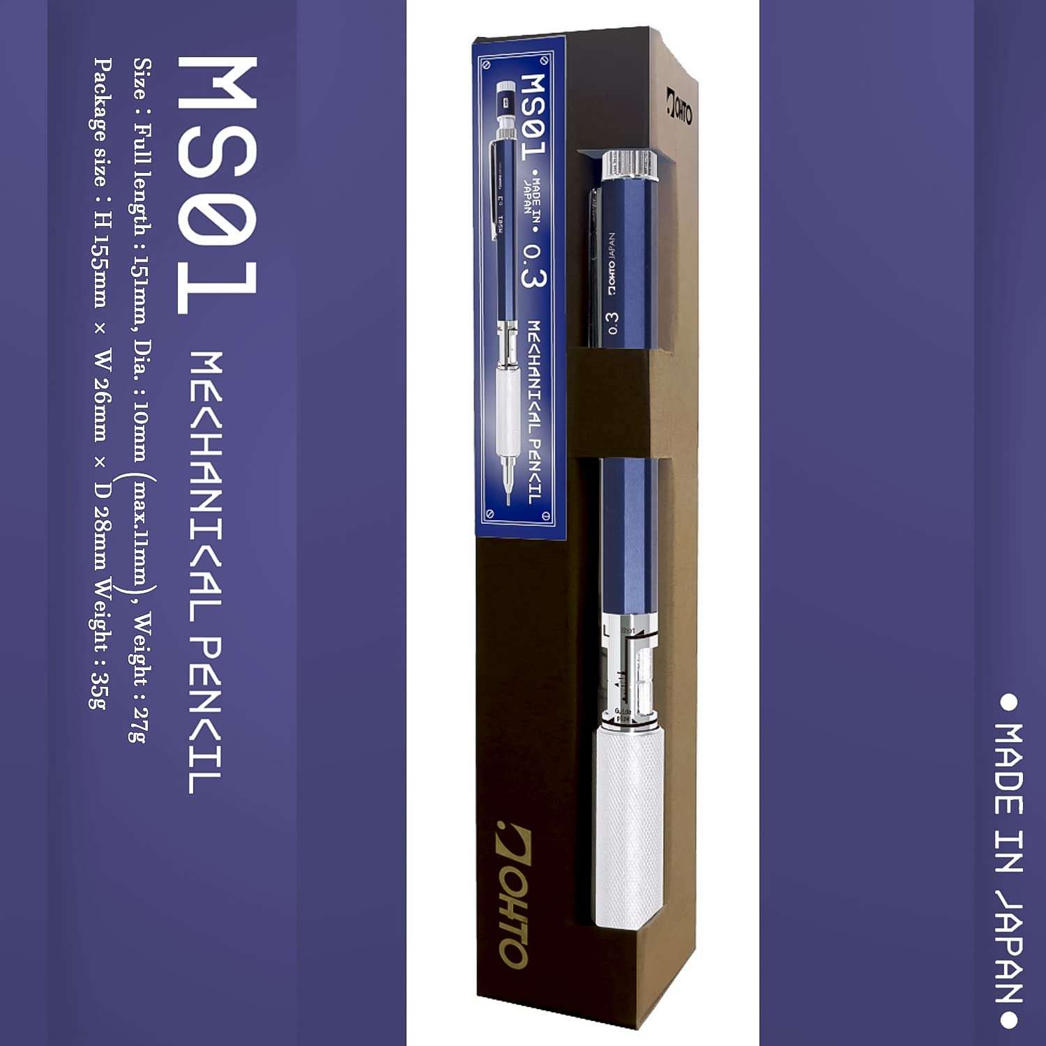 MS01 Mechanical Pencil - 0.3 mm - Navy Color Drafting Pencil with Customizable Lead Length, Durable Metal Build, Ergonomic Grip, and Versatile Design for Professionals and Artists Made In Japan 4