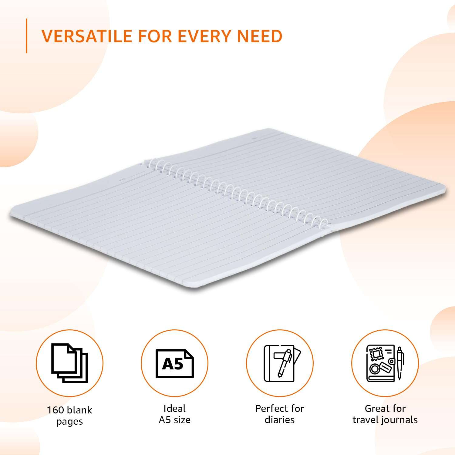 amazon basics Metal Spiral Notebooks A5 Size 160 Sheet | High Bright Paper | Single Ruled | Thick Black Covers | Pack of 3 (Assorted Colours) 5