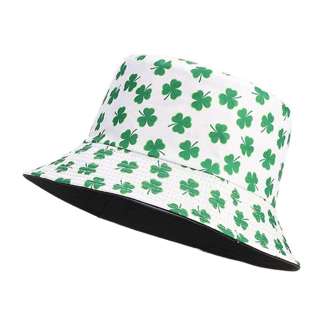 Quanhaigou Shamrock St Patricks Day Party Green Bucket Hats Unisex Summer Travel Beach Fisherman Cap for Men Women Teens (White Leaf Clover) 1