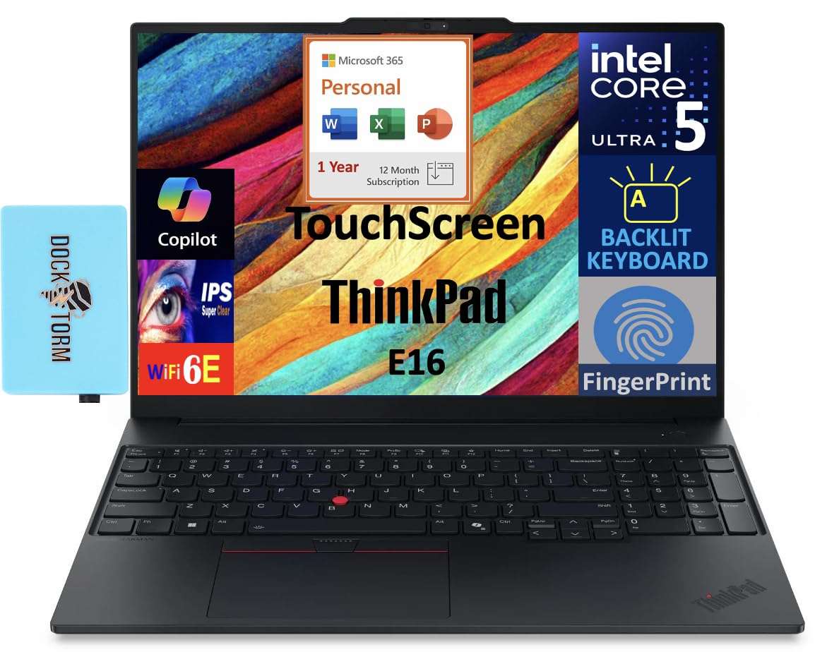 Lenovo ThinkPad E16 Gen 3 Business Laptop 16.0" Touchscreen WUXGA IPS 300 nits (Intel Ultra 5-225U 6-Core 2.00GHz, 64GB DDR5, 512GB PCIe SSD, Backlit KB, FP, Win11P) w/MS 365 Personal, DKZ Hub 1