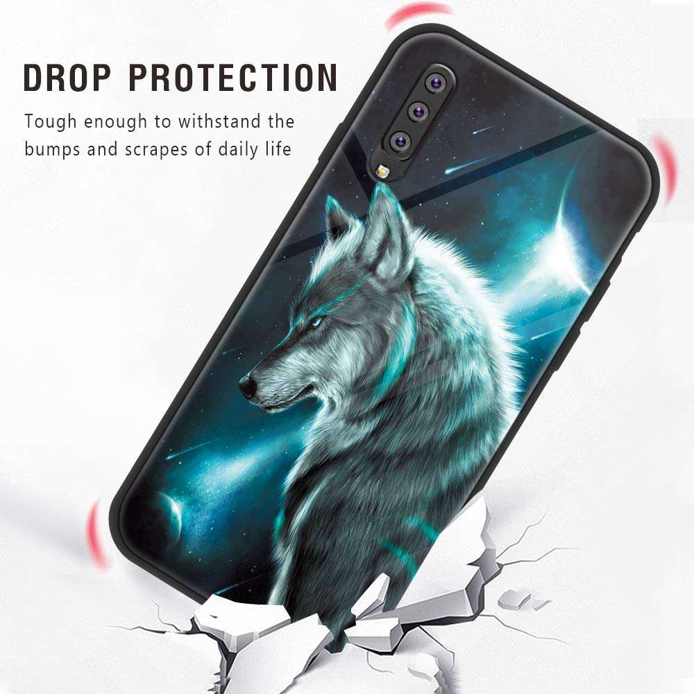 Eouine Samsung Galaxy A70 Case, [Anti-Scratch] Shockproof Patterned Tempered Glass Back Cover Case with Soft Silicone Bumper for Samsung Galaxy A70 Smartphone (Wolf 2) 5