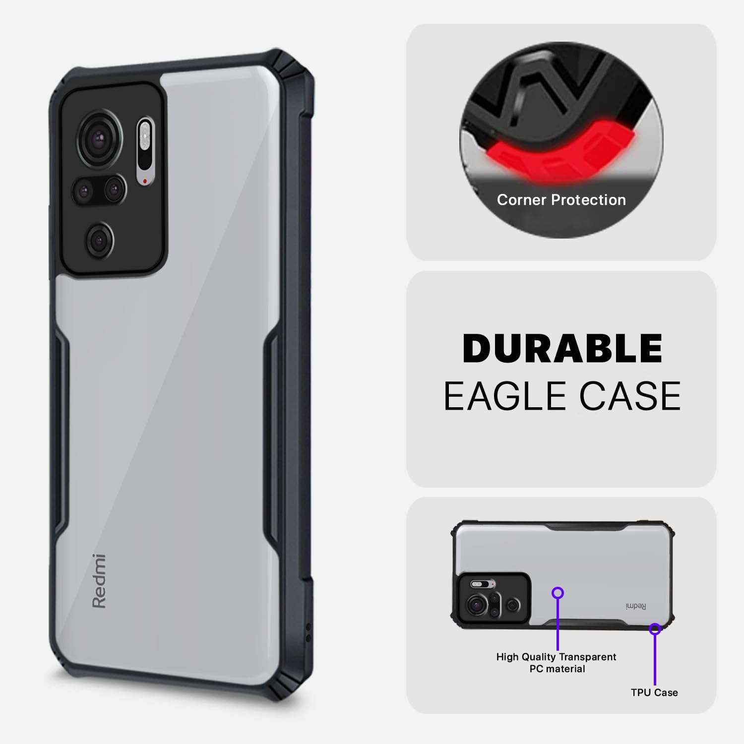 Amazon Basics Back Cover for Xiaomi Redmi Note 10S/ Redmi Note 10 | Crystal Clear Transparent Back | Ultra Hyrbid | Full Camera Protection | Raised Edge | Bumper Cover (Black) 5