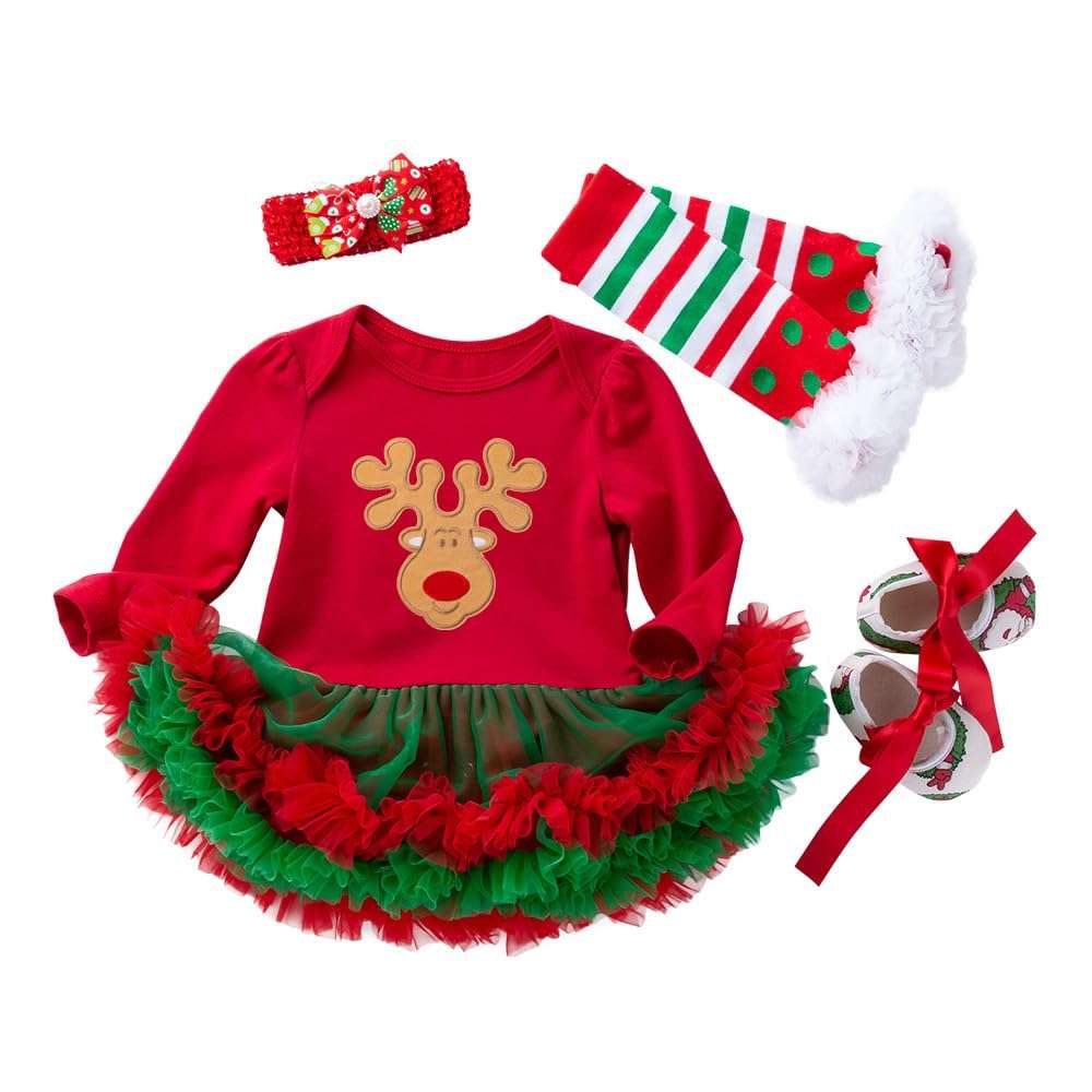 HUAANIUE Newborn Baby Girl Christmas Outfit Romper Tutu Dress With Headband Leg Warmer Shoes RedGreen 6-12 Months 1