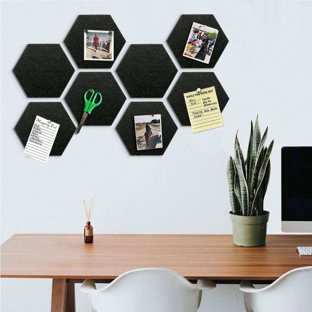 BOSSNUOK Hexagon Felt Bulletin Board, Self-Adhesive Wall Boards with 35 Push Pins, Decorative Felt Message Boards for Notes, Photos, Office & Home Decor, 8Pcs 200×174×6mm (Black) 4