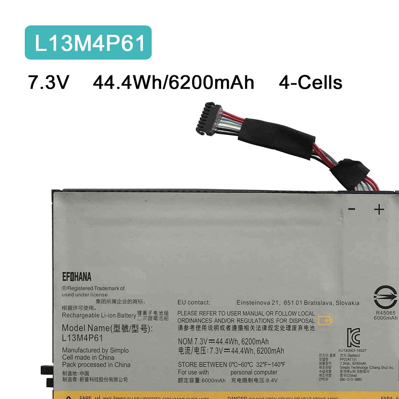 EFOHANA L13M4P61 Laptop Battery Replacement for Edge 15 80H1 80K9 Series Notebook 121500252 L13L4P61 121500253 7.3V 44.4Wh 6200mAh 4-Cells 2