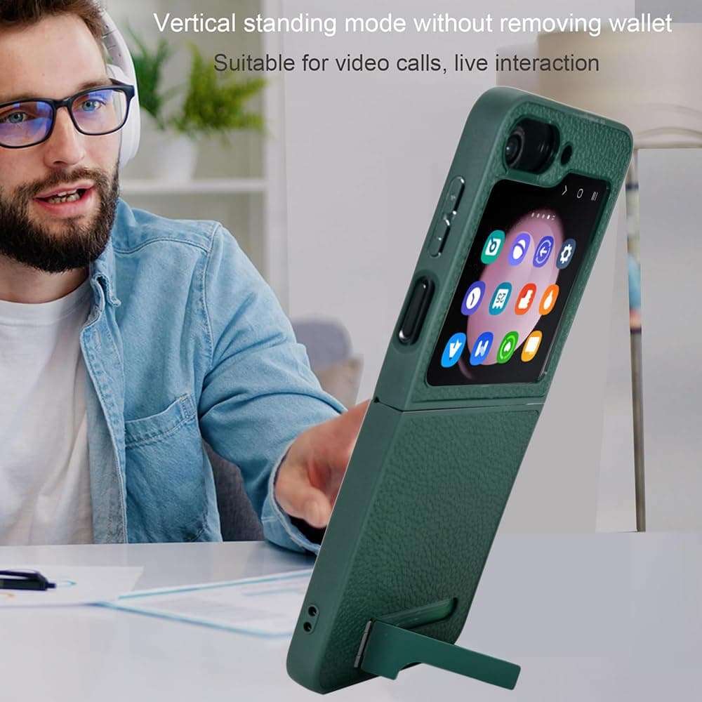 Vitodo Strong Magnetic for Galaxy Z Flip 6 Case Compatible with MagSafe, Built in 3-Way Kickstand Luxury Genuine Leather Shockproof Protection Phone Cover Light&Slim for Samsung Galaxy Z Flip6 (Green) 4