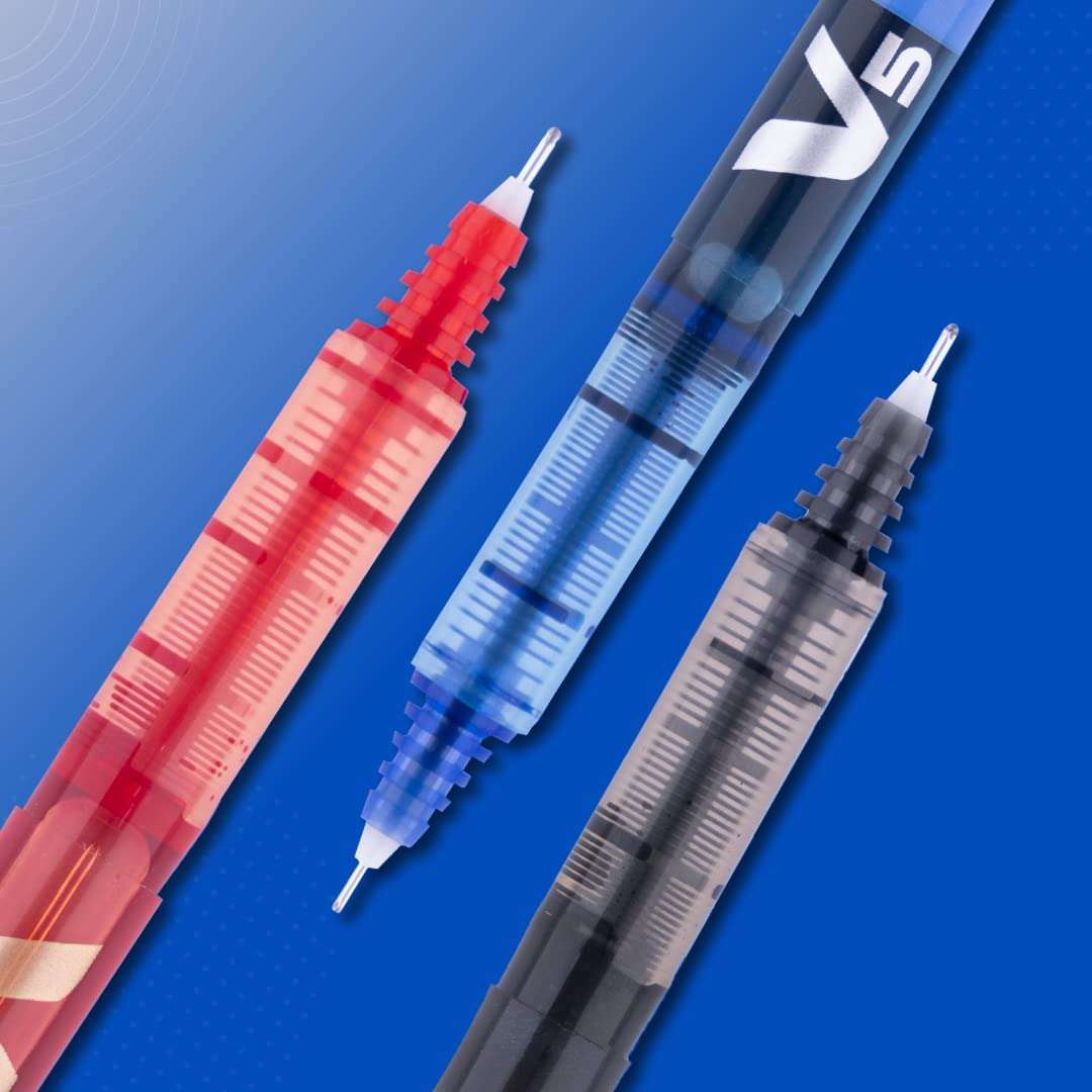 Pilot V7 Liquid Ink Roller Ball Pen (1 Blue + 1 Black + 1 Red),multicoloured,9000014717 & Luxor 969 OHP Fine Point Permanent Marker - Red - Set of 5 5