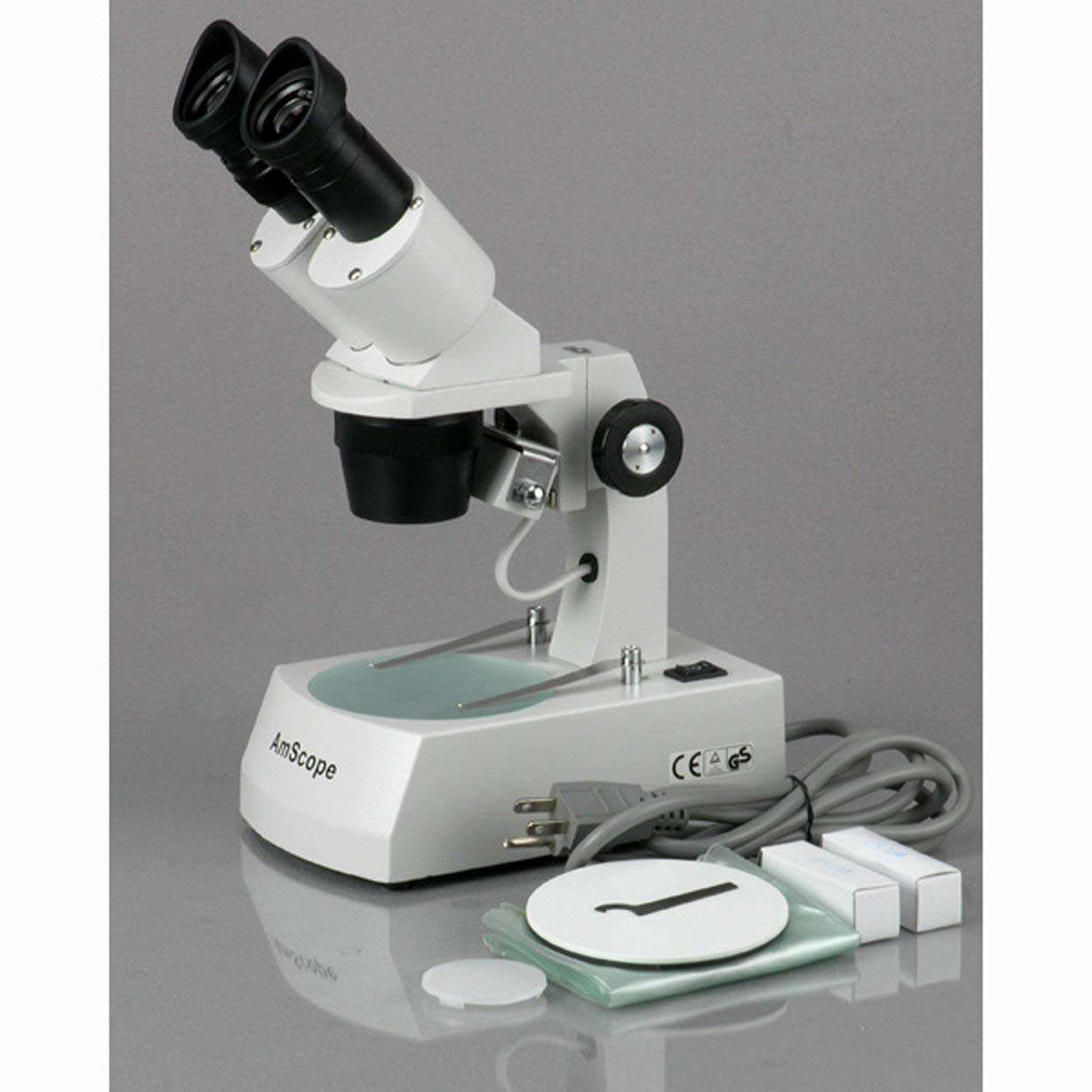AmScope SE306R-AZ Forward-Mounted Binocular Stereo Microscope, WF10x and WF20x Eyepieces, 20X/40X/80X Magnification, 2X and 4X Objectives, Upper and Lower Halogen Lighting, Reversible Black/White Stage Plate, Arm Stand, 120V 3