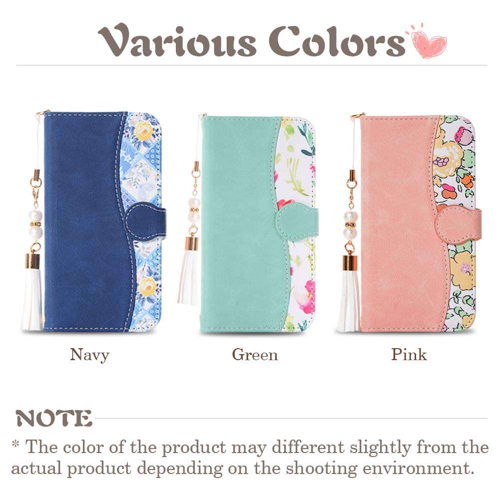 iPhone 12 iPhone 12 Pro Floral Series Wallet Case for Girls Women Lovely Flower Pattern PU Suede Leather Flip Cover Card Slots Stand Magnetic Closure Pearl Pendant Case for iPhone 12/12 pro 6.1 Inch 2