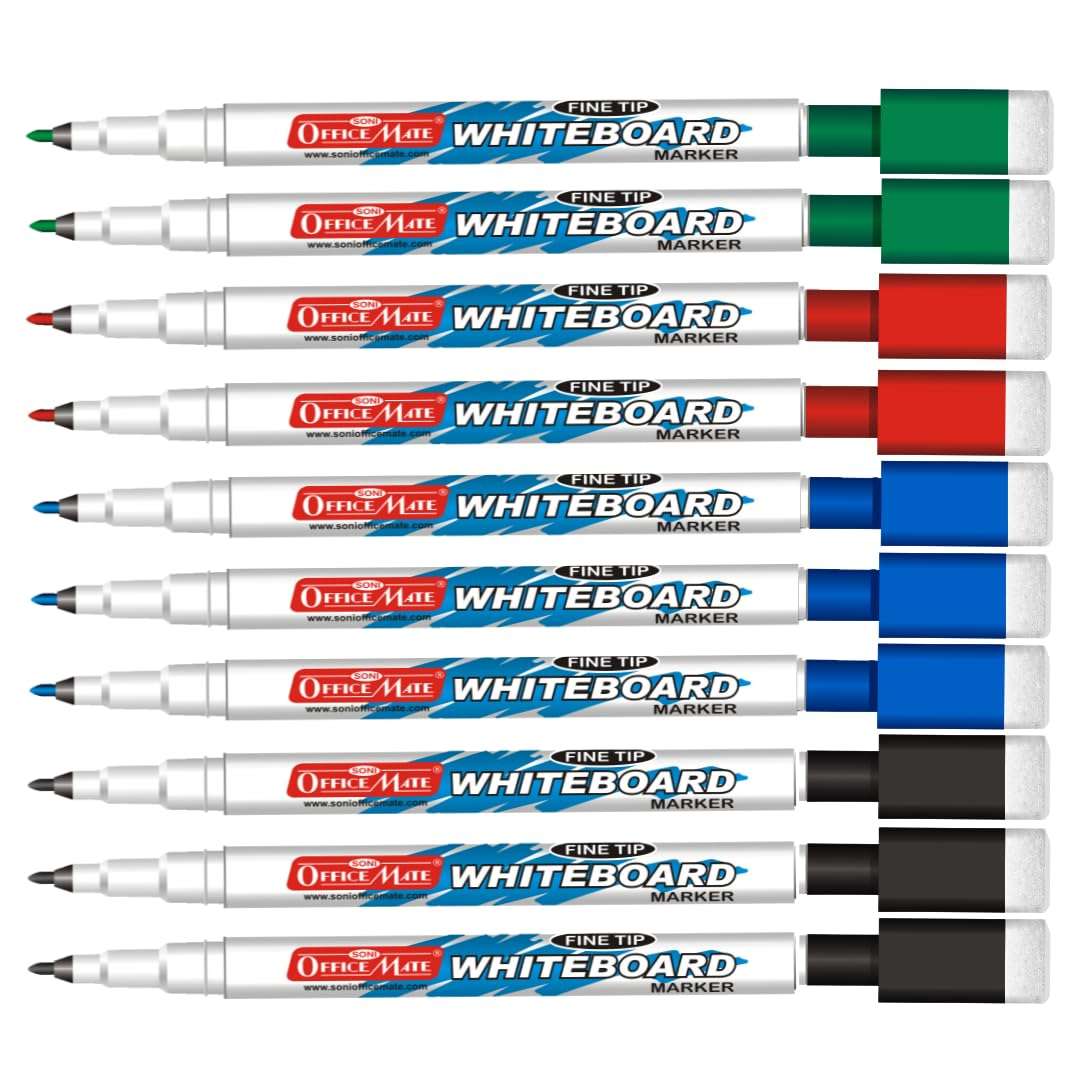 Soni Officemate Fine Tip Whiteboard Marker with Duster On Cap Assorted Color (Pack of 10) 3