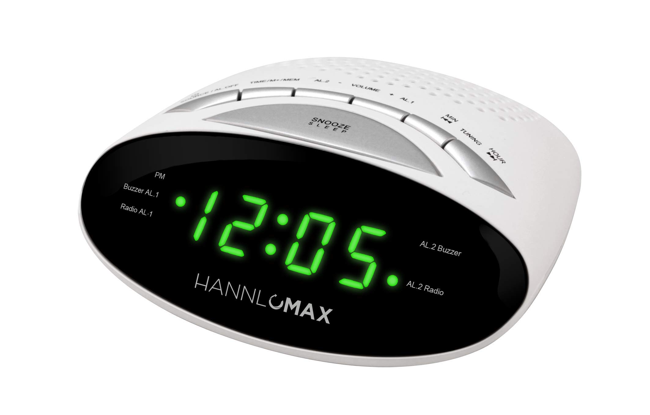 HANNLOMAX HX-116CR Alarm Clock Radio, PLL AM/FM Radio, Dual Alarm, 0.6" Green LED Display (White)