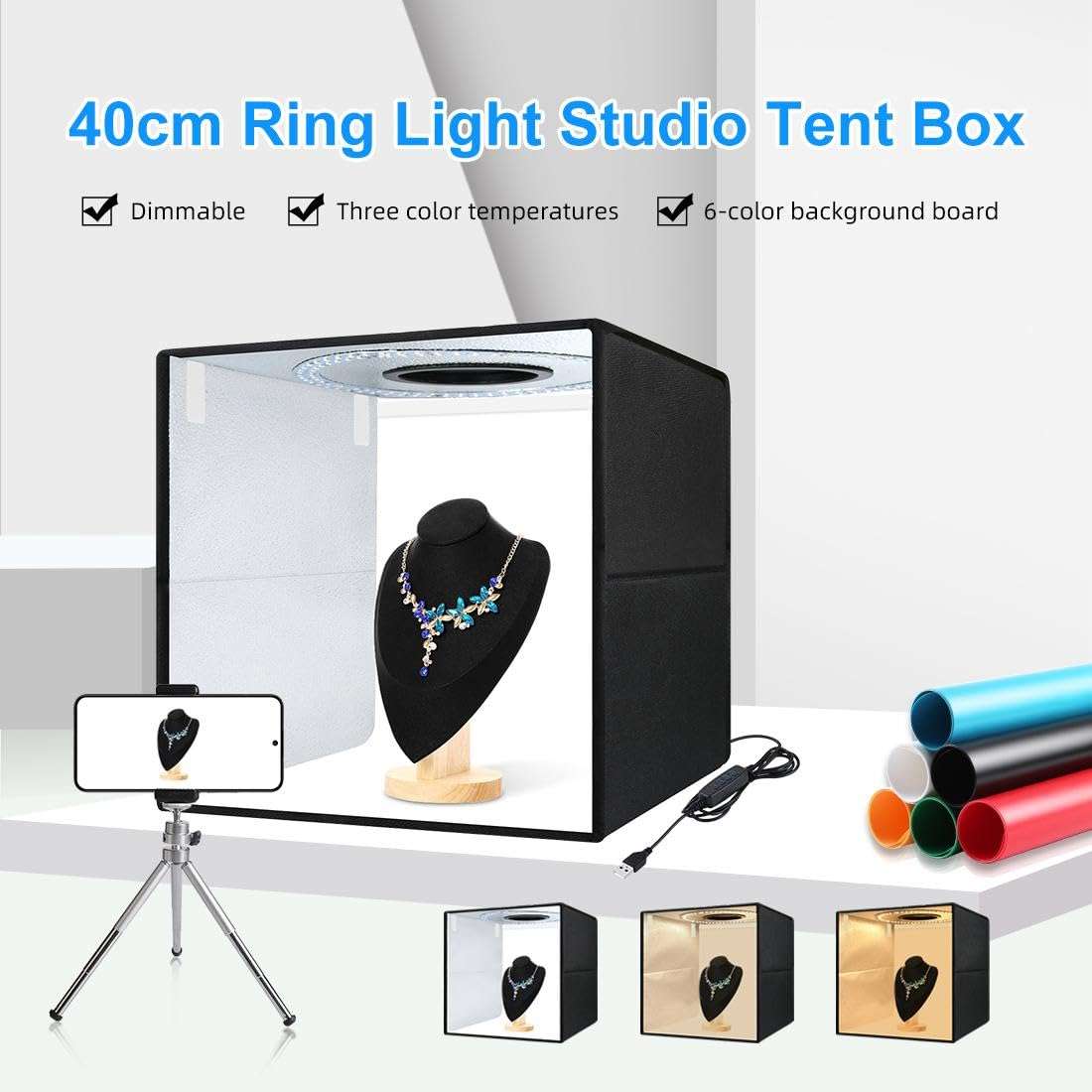 DIYLooks 16x16x16 Inch Portable Folding Photo Studio Box with Dimmable Ring Light (224 LEDs, CRI>95, 3200-6500K) & 6 Backdrops for Product Photography, YouTube Videos, Smartphone 3