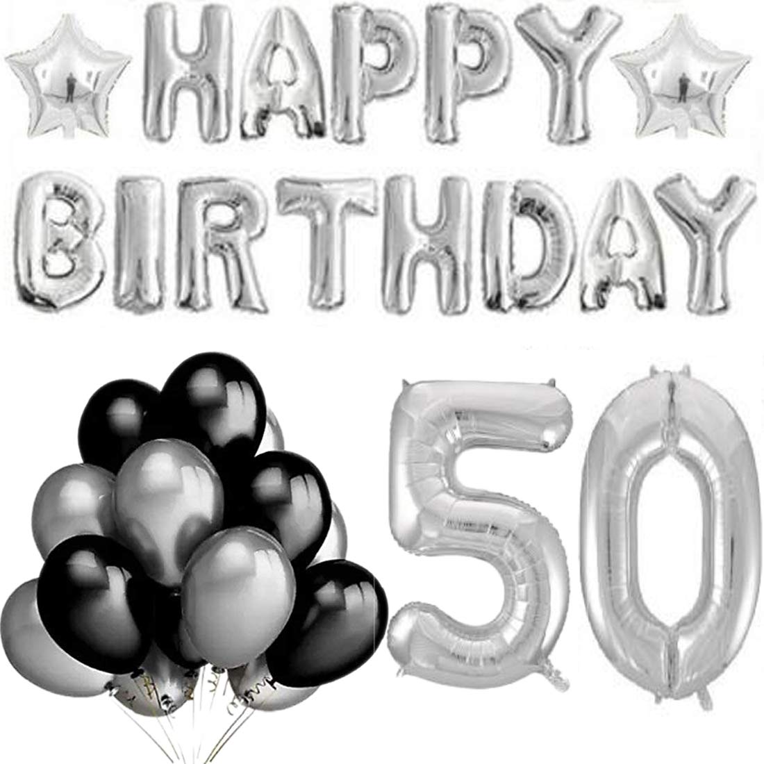 YNS Crafts Stock Happy Birthday Banner with Black/Silver Metallic Balloons with Foil Number 50 (16 Inches)