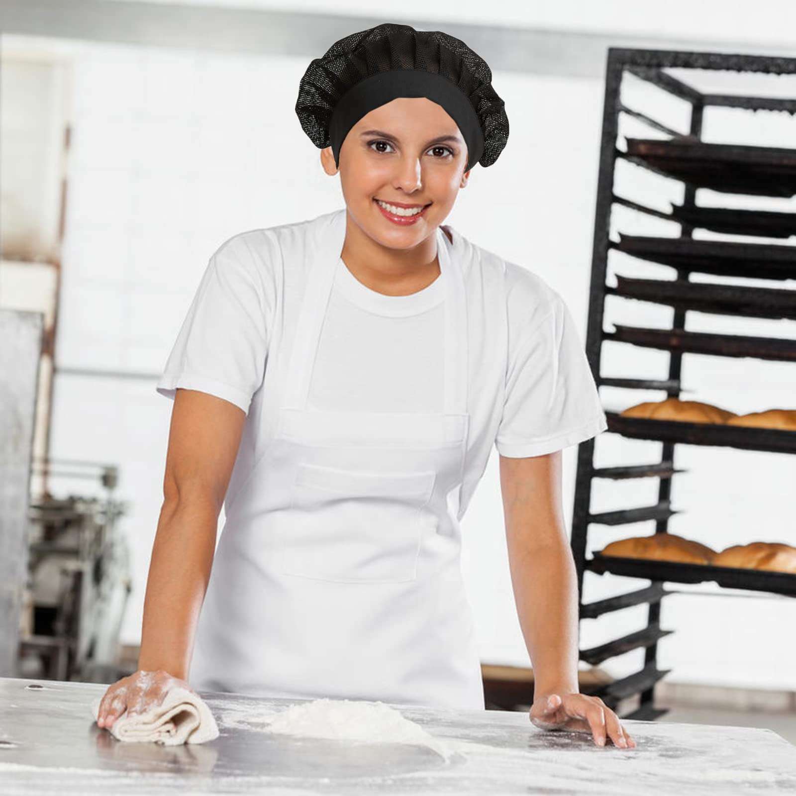 6 or 10 Pack Elastic Drawstring Chef Cap Mesh Cooking Hat Food Service Hair Nets Kitchen Net Reusable Restaurant Beanie (2 Black+2 White+2 Pink Elastic Drawstring, one Size) 6