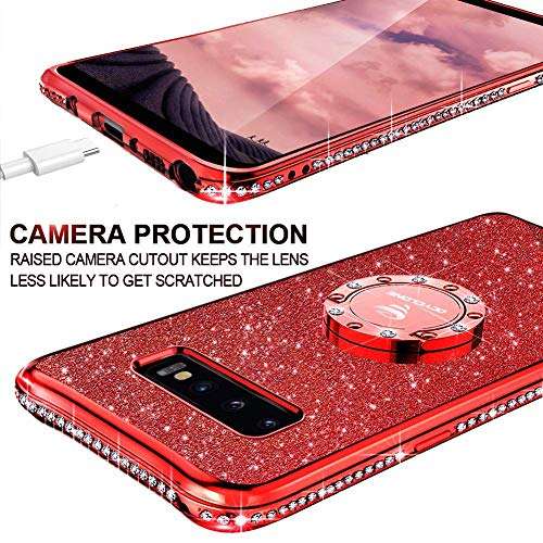 Cute Galaxy S10 Plus Case, Glitter Luxury Bling Diamond Rhinestone Bumper with Ring Grip Kickstand Protective Thin Girly Red Samsung Galaxy S10+ Plus Case for Women Girl - Red 4