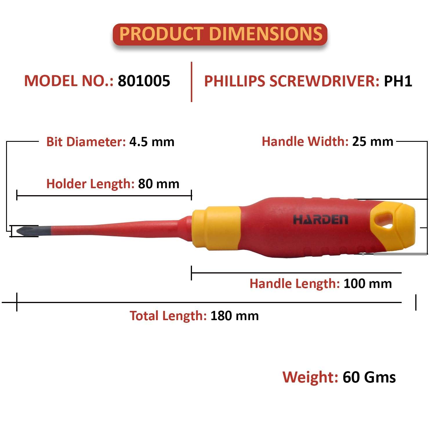 HARDEN Insulated Magnetic Phillips Type Screwdriver PH1 X 80mm - Professional Electrician VDE Can Withstand 1000V - Total Length 180mm - 801005 3