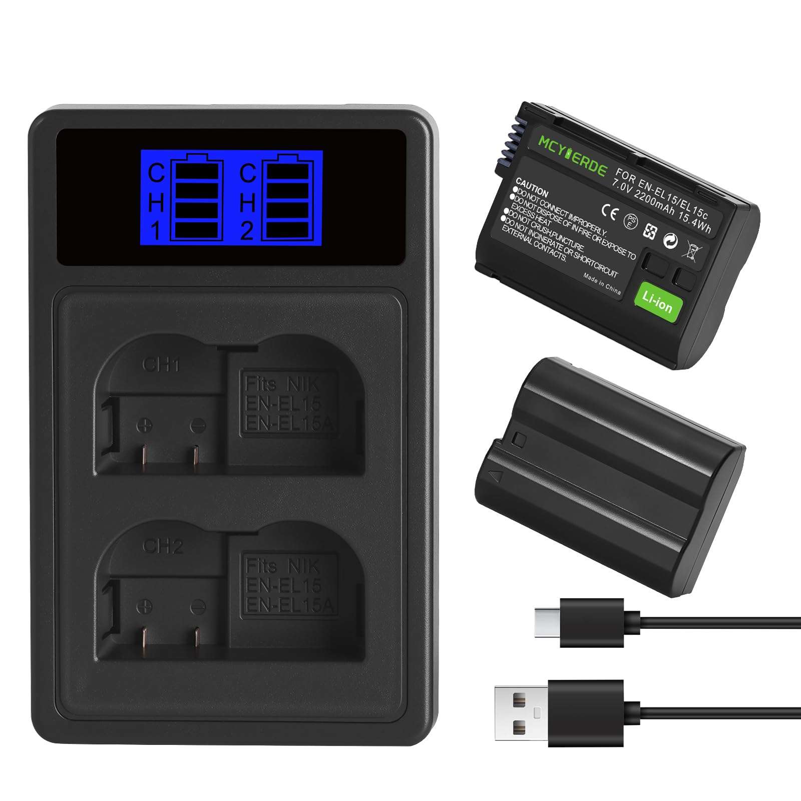 2-Pack EN-EL15 EN-EL15a Battery with Dual USB Charger Compatible with Nikon Z6 Z7 D750 D850 D7000 D7100 D7200 D7500 D500 D600 D610 D780 D800 D800e D810 D810a Cameras 1