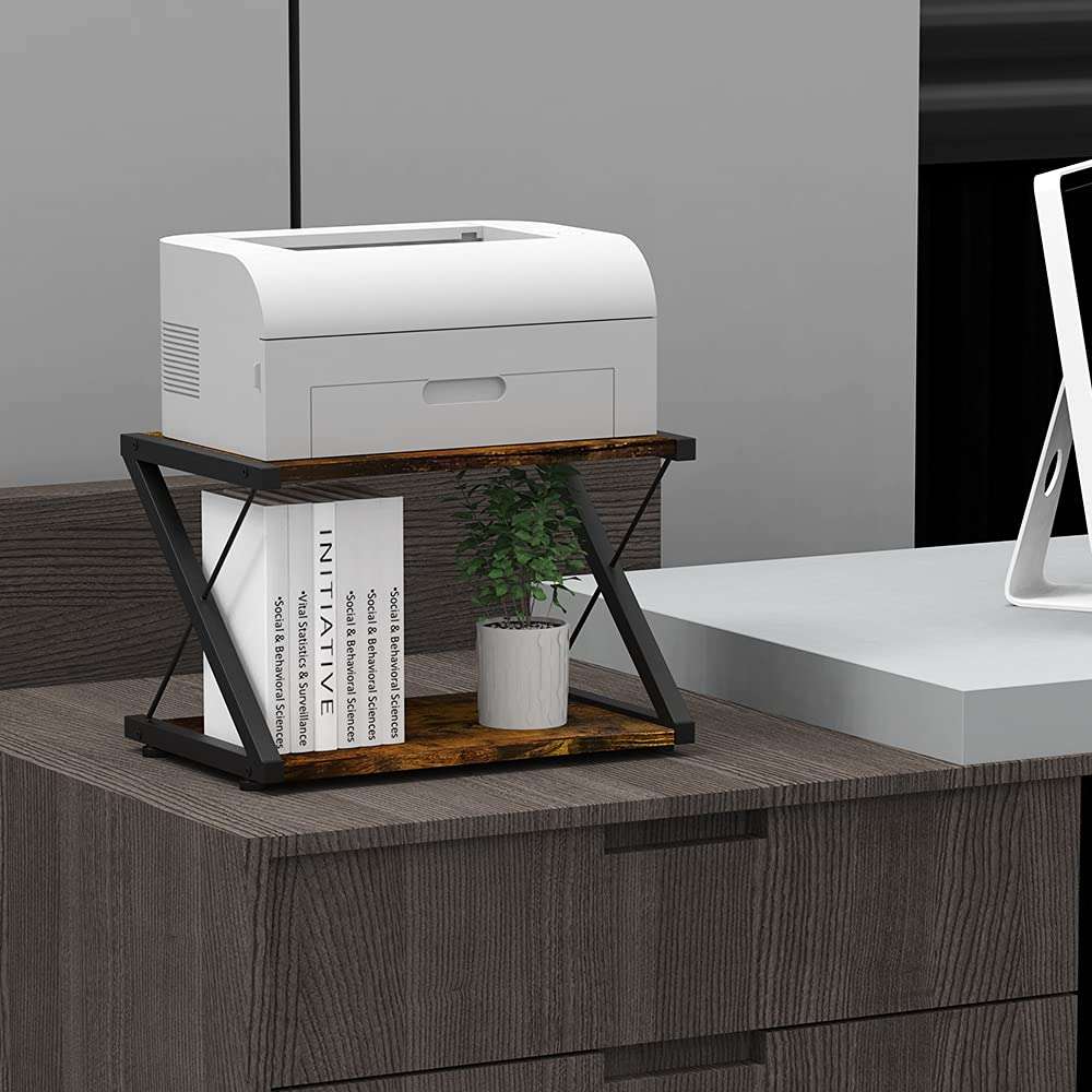 VEDECASA Rustic Wooden Desktop Printer Stand 2 Tier Printer Shelf Farmhouse Industrial Vintage Wood Table Side Storage Organizer for Home Office X Shaped Under Desk Printer Stand 2