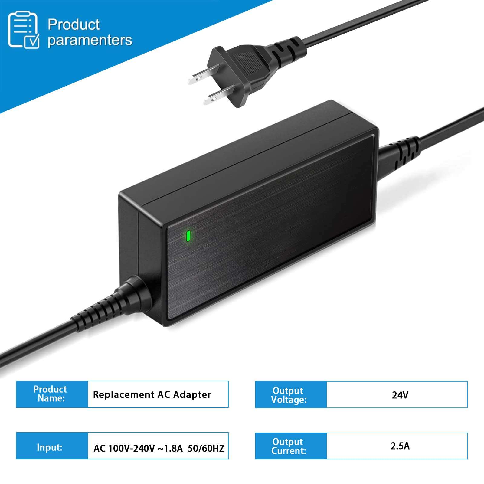 24V 2.5A Power Supply Adapter,100~240V AC to DC 24 Volt 2.5A 2.0A 1.5A 1A 0.5A Converter with 11 Tips for LED Light bar, Speaker System, Sound bar, Humidifier, 3D Printer, LCD Display and More 6