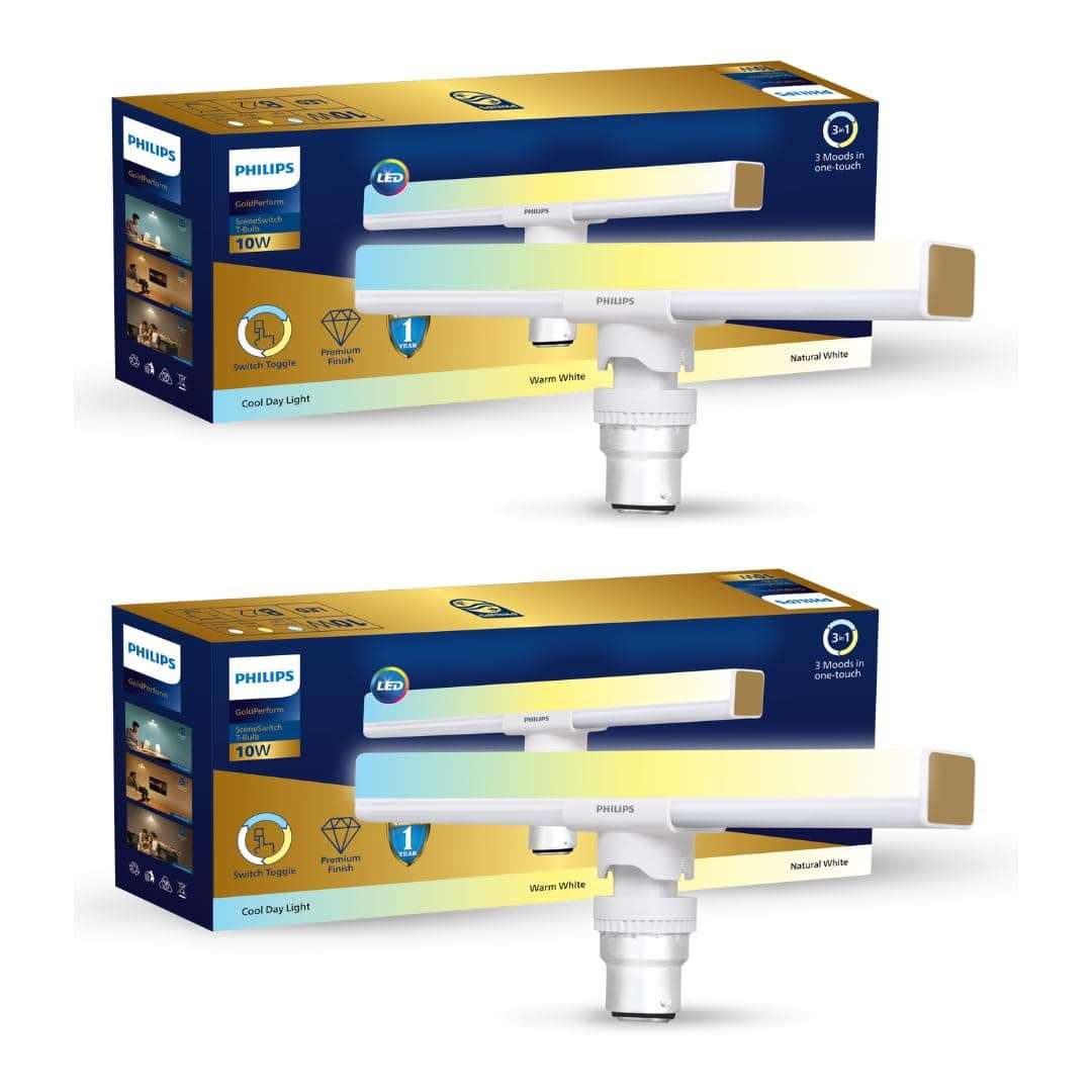 Philips 10W B22 LED T-Bulb | 3 Colors in 1 LED Bulb | Scene Switch T-Bulb for Home & Decoration | Color: Tunable White | Pack of 2 | Gold Perform Series 1
