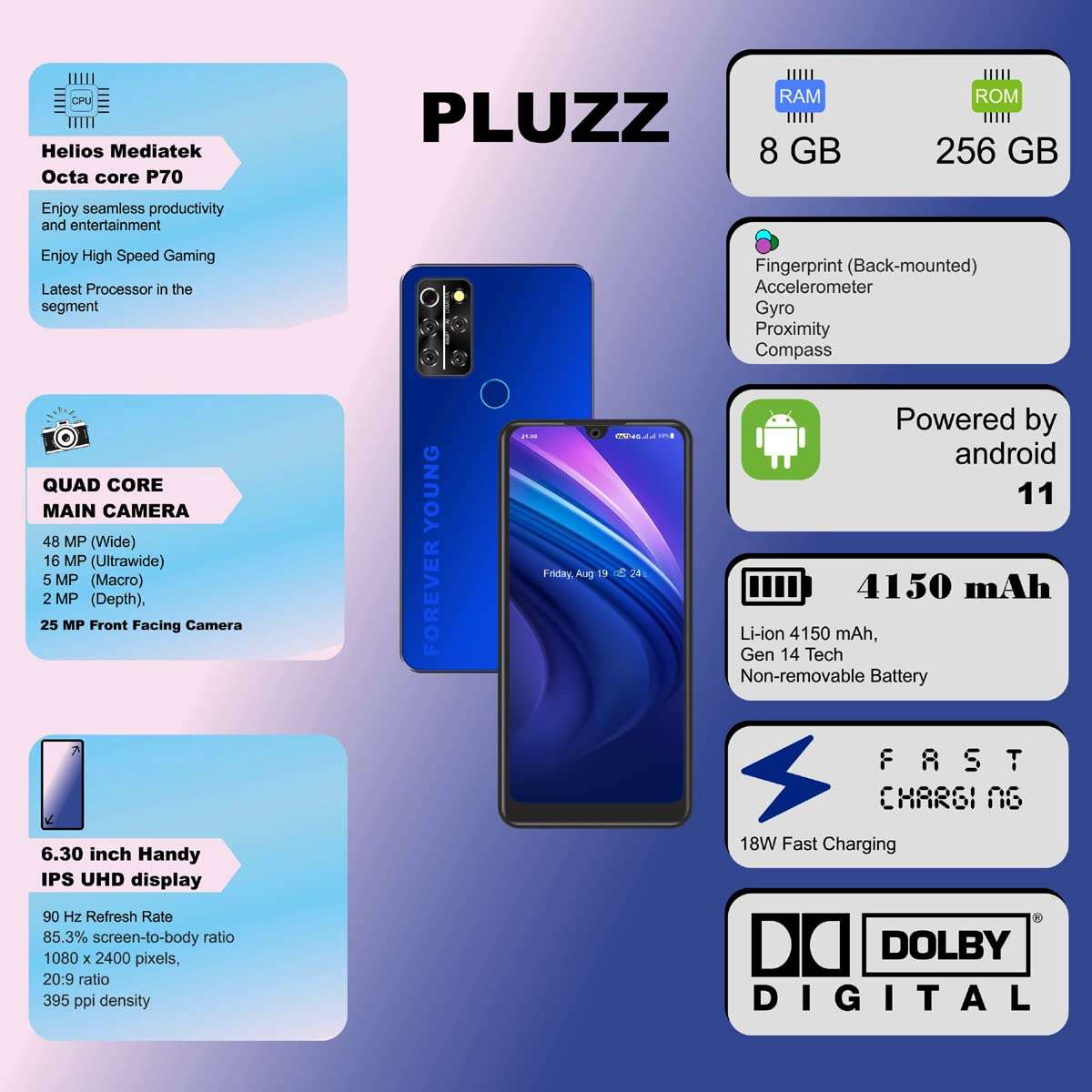 MAPLIN Pluzz P13 4G Volte (8 GB / 256 GB) with 6.3 Inch FHD Smartphone (Blue) 3