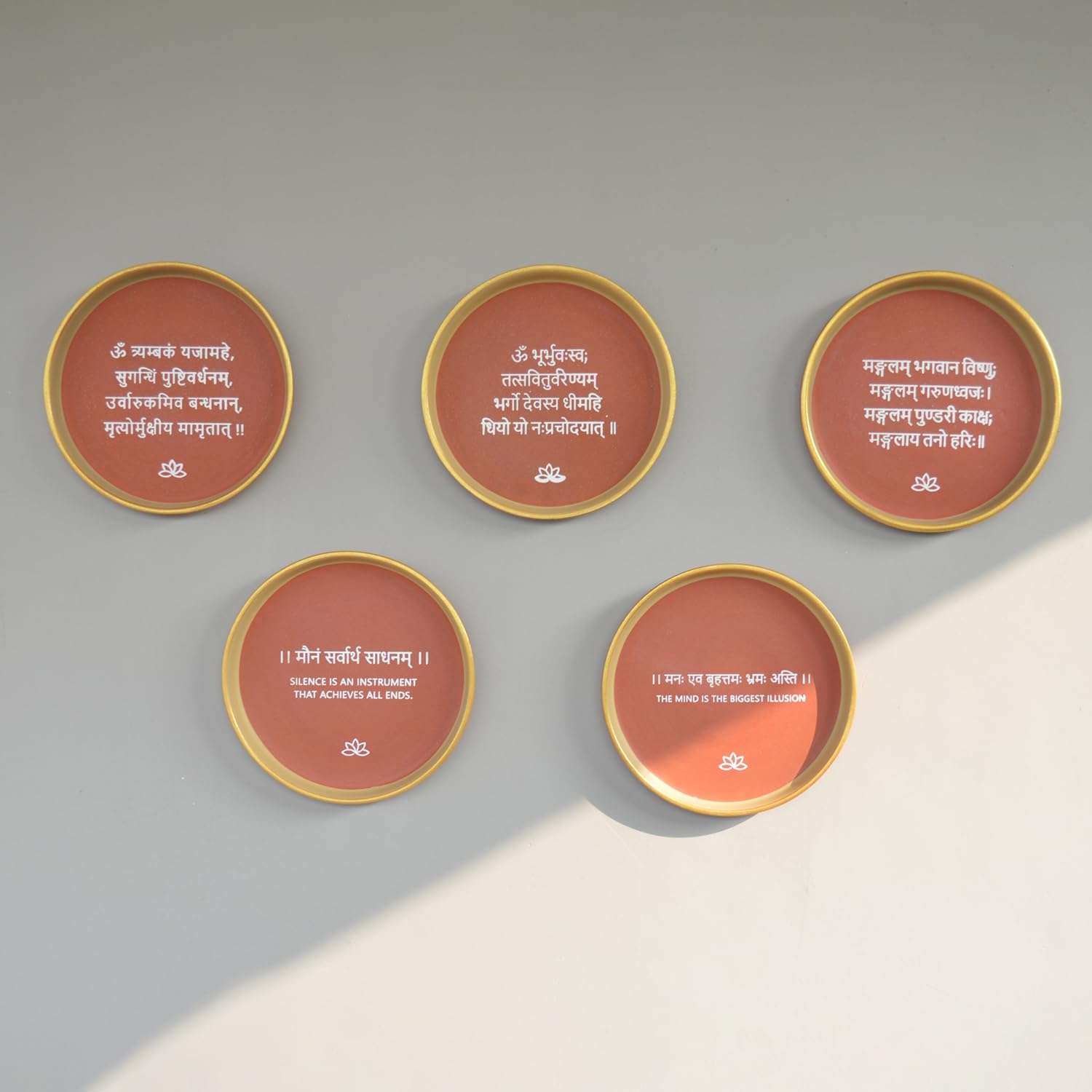 Almiro Tree Terracotta Wall Plate with Sanskrit Mantras Combo Pack Of 5 | Wall Decoration Items for Living Room, Bedroom, Office | Wall Decor | Gift Items, 20 cm