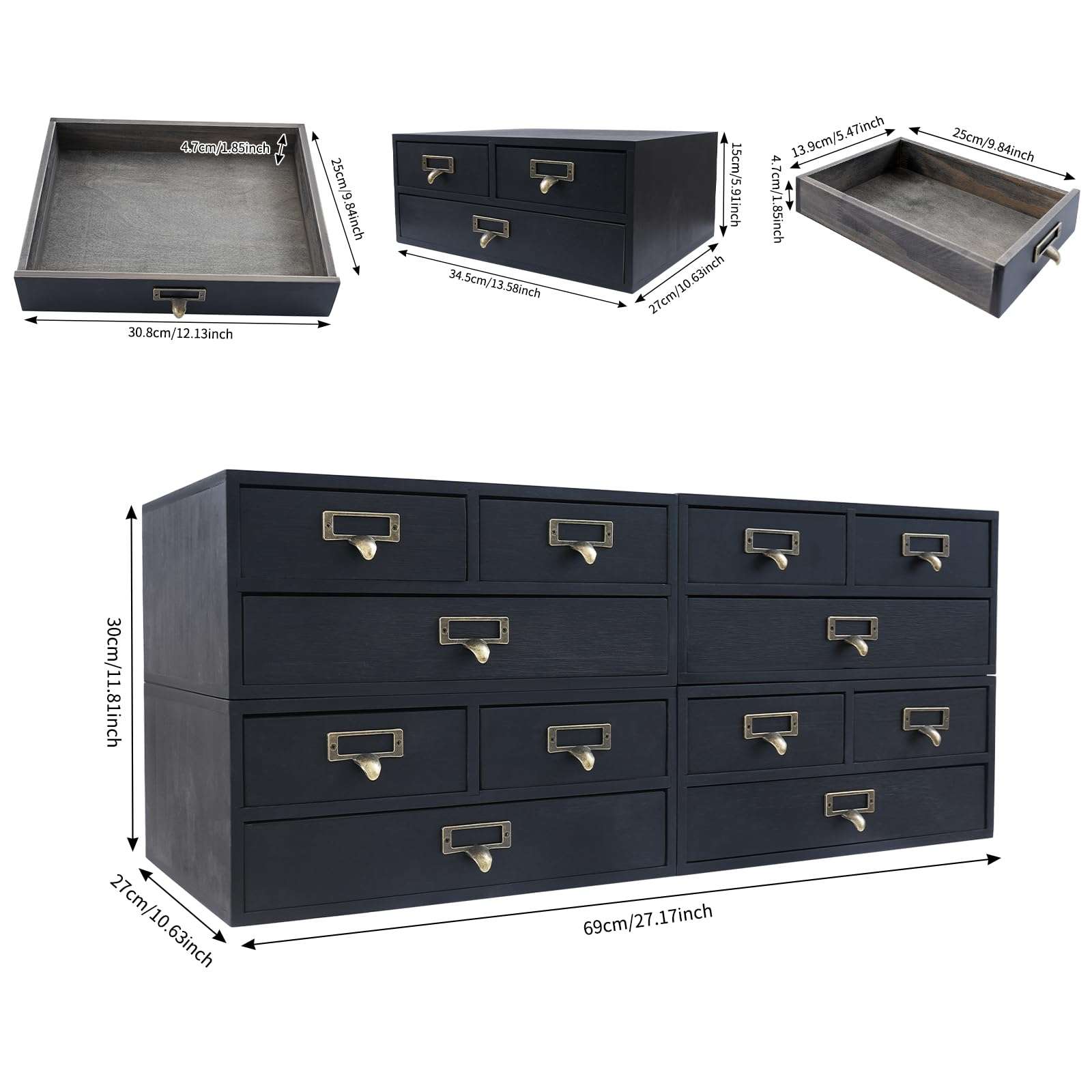 Vintage 12-Drawer Wooden Desk Organizer, 4 Pack 3-Slot Filing Cabinet, Stackable Craft Storage Drawers, Rustic Tool Box, Multilevel Apothecary Cabinet, Ideal Home Office Organizers and Accessories 5
