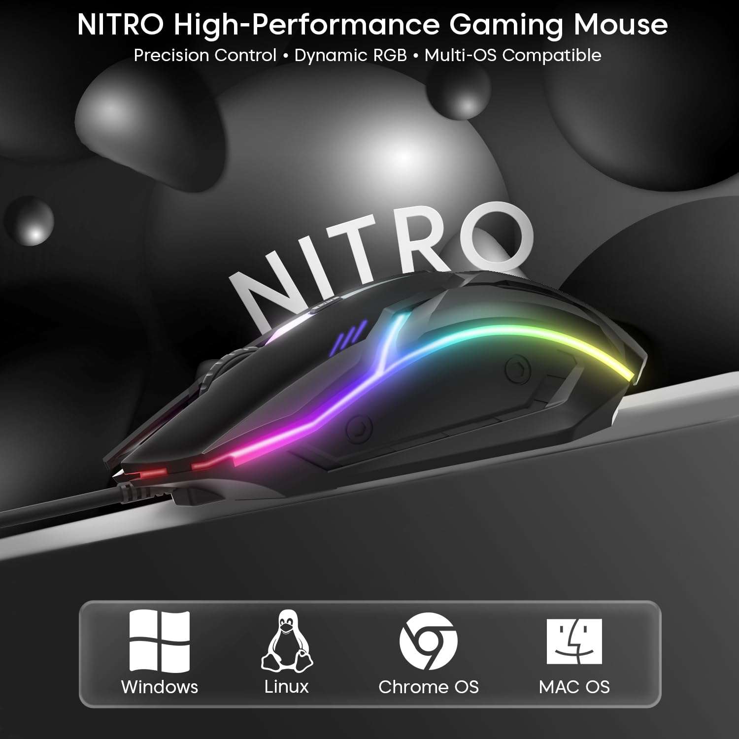 Sounce Nitro Wired Gaming USB Mouse 800/1200/1600 DPI Optical Sensor, 4-Level Adjustable DPI, RGB Lighting, Smooth Tracking, Ergonomic Grip, Plug & Play for Laptop & PC (Black) 4