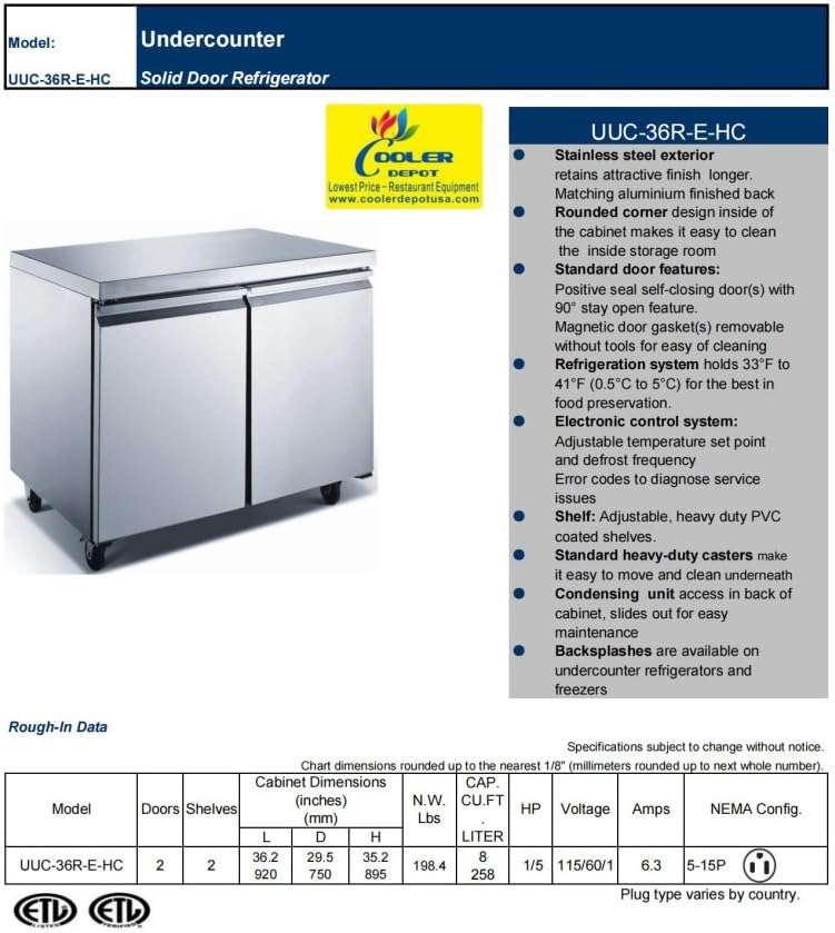 cooler depot Commercial Under Counter Refrigerator 2 doors 36 Inches Width 8 Cu. Ft. 2 Shelves Cold Table Stainless Steel 33°F~41°F 115V/60HZ-UUC36R 3