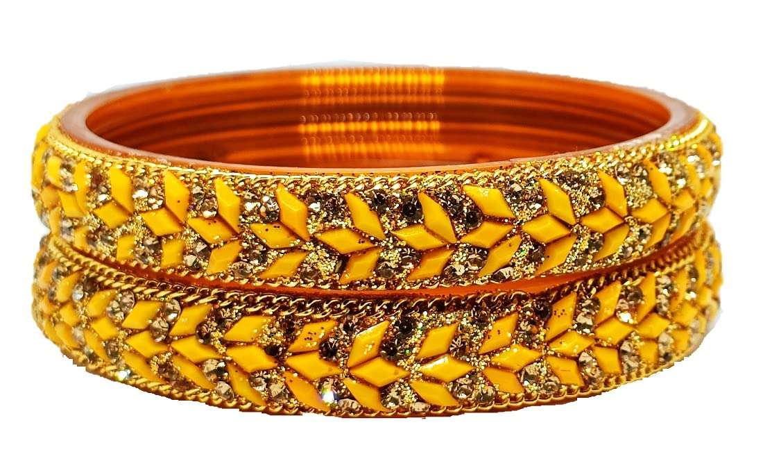 T4 Jewels Designer Glass Bangles/Kada Set Zircon Stones Studded for Women & Girls Specially for Party, Wedding & Marriage - (Set of 2)_Yellow_2.6 3