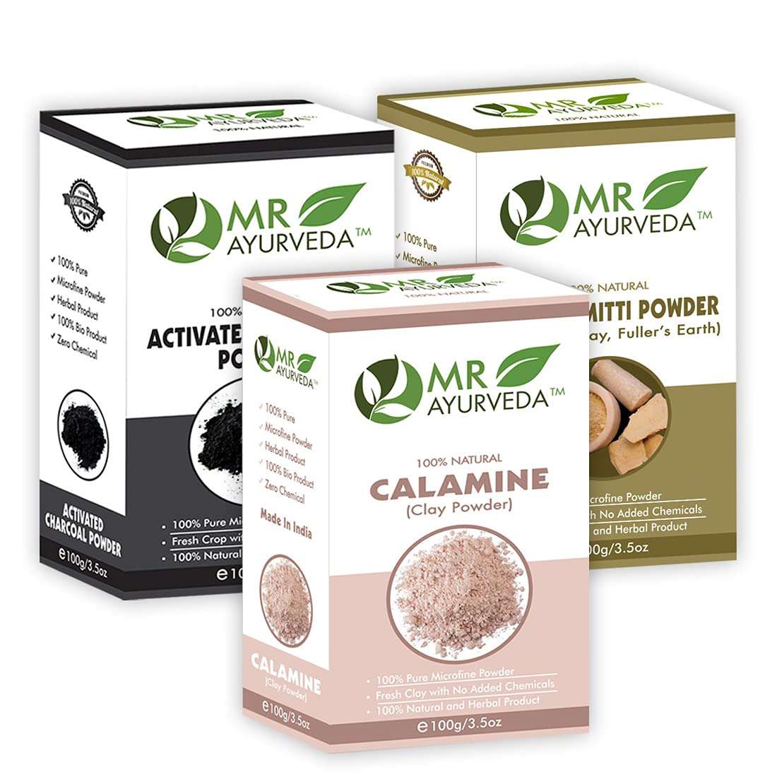 MR Ayurveda Calamine Clay Powder, Activated Charcoal Powder & Multani Mitti Powder - Set of 3 (100 Grams Each) 1