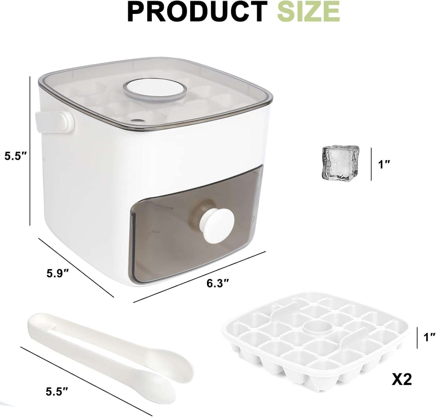 Ice Cube Maker Storage Box with Push Release Lid, Removable Ice Trays, Front Pull-Out Ice Bin, Carry Handle, Includes Scoop 3