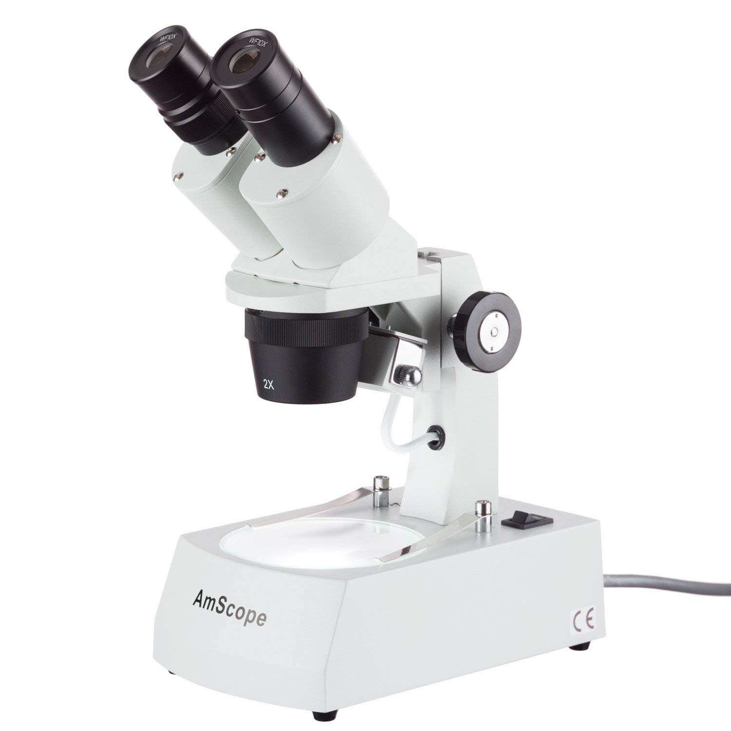 AmScope SE306R-AZ Forward-Mounted Binocular Stereo Microscope, WF10x and WF20x Eyepieces, 20X/40X/80X Magnification, 2X and 4X Objectives, Upper and Lower Halogen Lighting, Reversible Black/White Stage Plate, Arm Stand, 120V 1