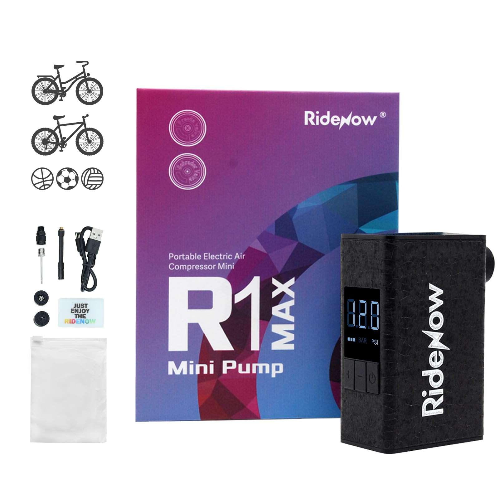 RideNow Mini Bike Pump, Compact Bicycle Pump with Gauge, Max 150 PSI Bike Tire Pump with Auto Stop, Portable Bicycle Pump for Mountain/City/Road Bike with Presta & Schrader Valve, R1MAX 2