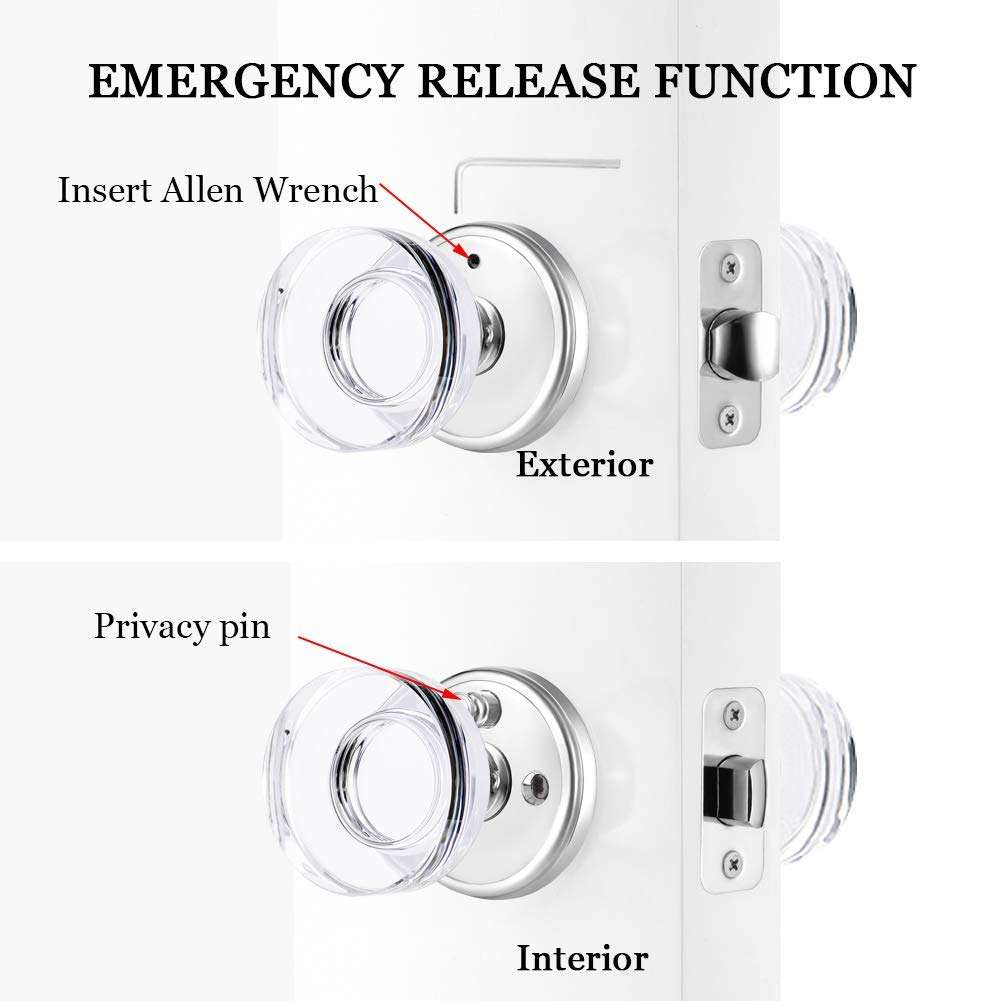 CLCTK Crystal Glass Door Knobs Interior with Lock, Privacy Bed Bath Door Knob Polished Chrome, Round Bathroom Door Knob Set, YXC-002 4