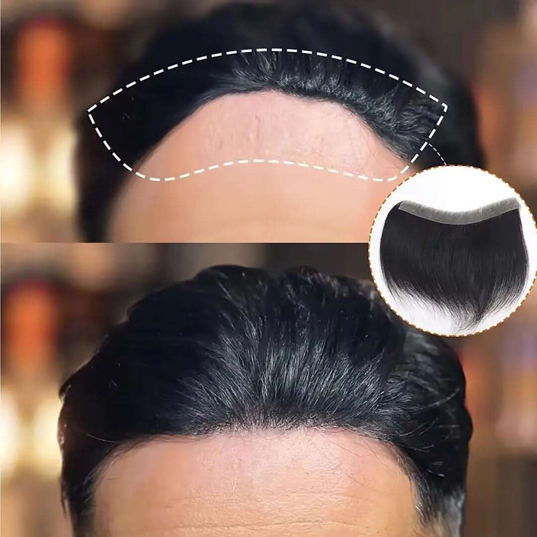 HAPPY&CC Forehead Hairline Toupee for Men High Density Human Hair Skin PU Mens Front Hair Piece V Loop Frontal Hair Topper for Receding Natural Hairline Replacement Systems 1B Black 16x2cm 4