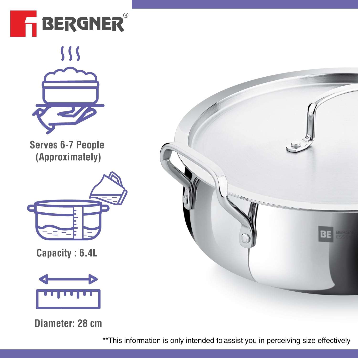 Bergner BE Essentials TriPly Stainless Steel 28 cm Biryani Handi with Lid, 6.4 L Biryani Pot, Patila Handi, Even Heat Distribution, Non-Toxic, Healthy, Less Oil Use - Induction and Gas Stove Ready 6