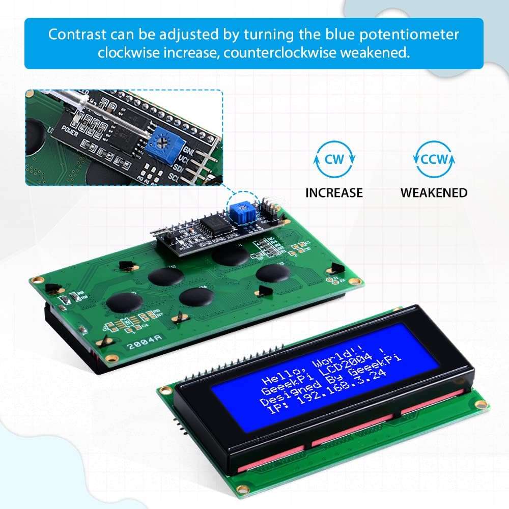 GeeekPi IIC I2C TWI Serial LCD 2004 20x4 Display Module with I2C Interface Adapter Blue Backlight for Raspberry Pi Arduino STM32 DIY Maker Project BPI Tinker Board Electrical IoT Internet of Things 6