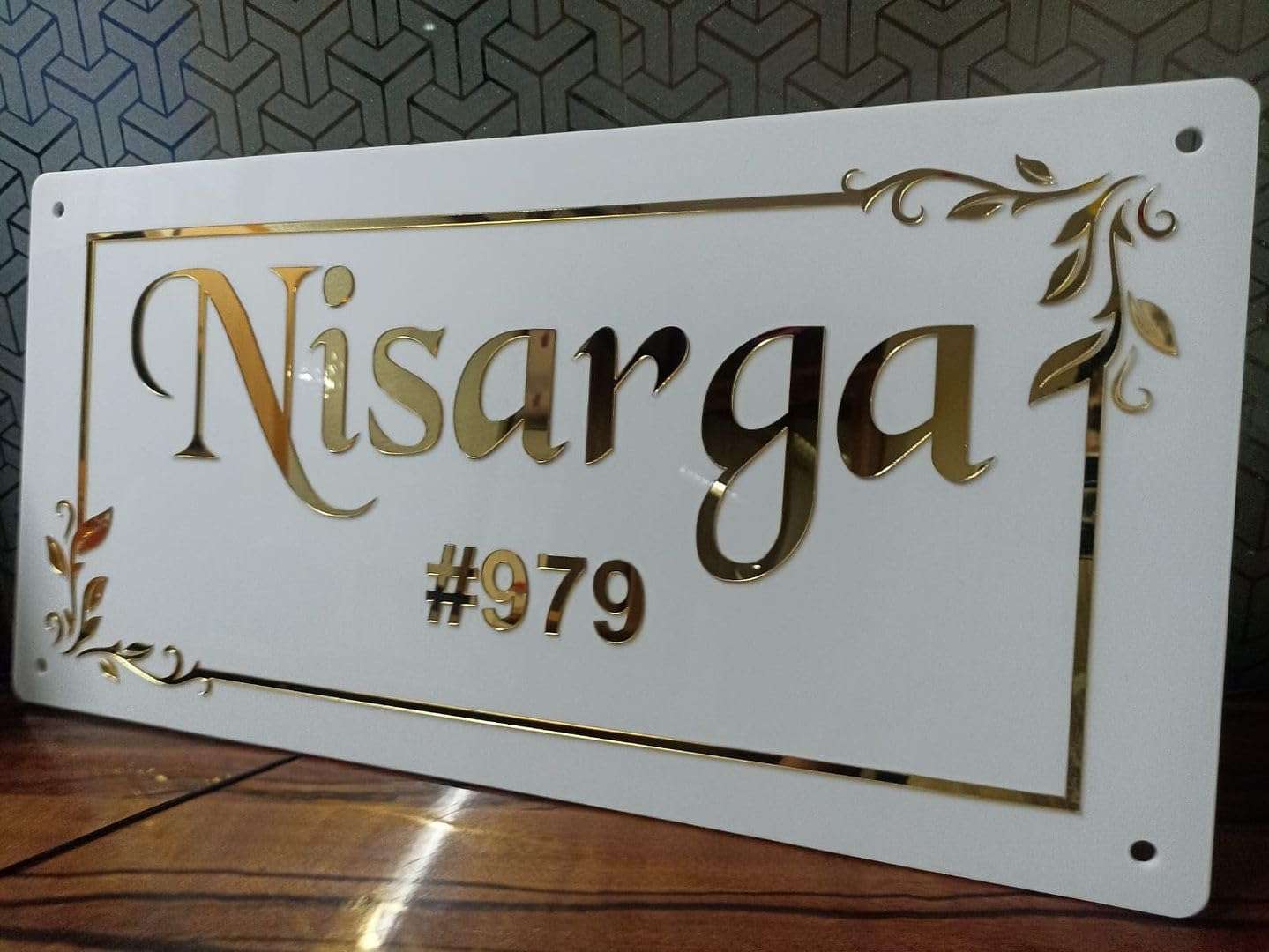 CHELNA Customized Golden Flower Border White Name Plate with Mirror Gold Laser Cut Letter for Entrance Decoration(25x14) 1