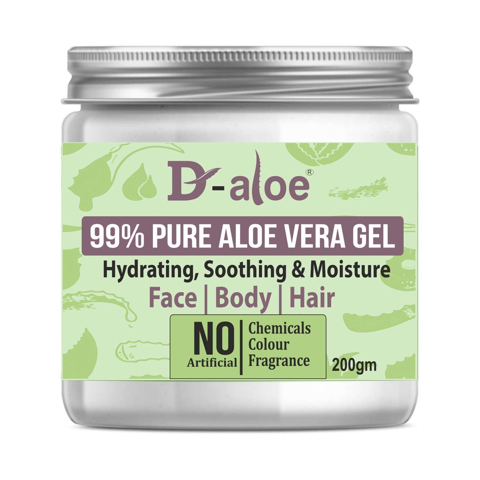 D-Aloe Natural Aloe Vera Gel 200gm (100% Organic, Grown in Own Farm) for Skin/Hair (99% Pure) Jar Packing 5
