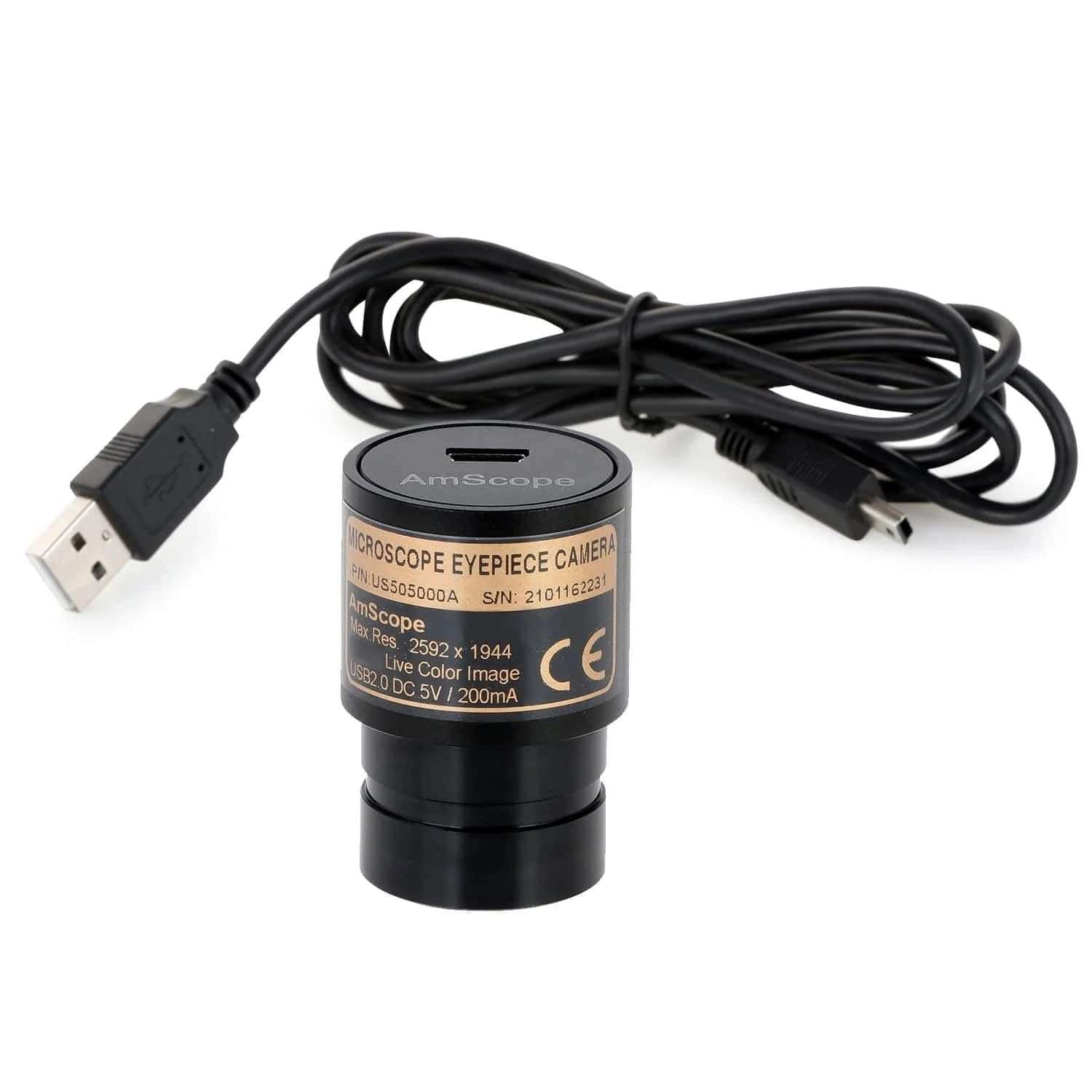 AmScope B100-E 1000X Digital Compound Binocular Microscope, 40X-1000X Magnification, Brightfield, Tungsten Illumination, Abbe Condenser, Plain Stage, Includes 0.3MP Camera and Software 5