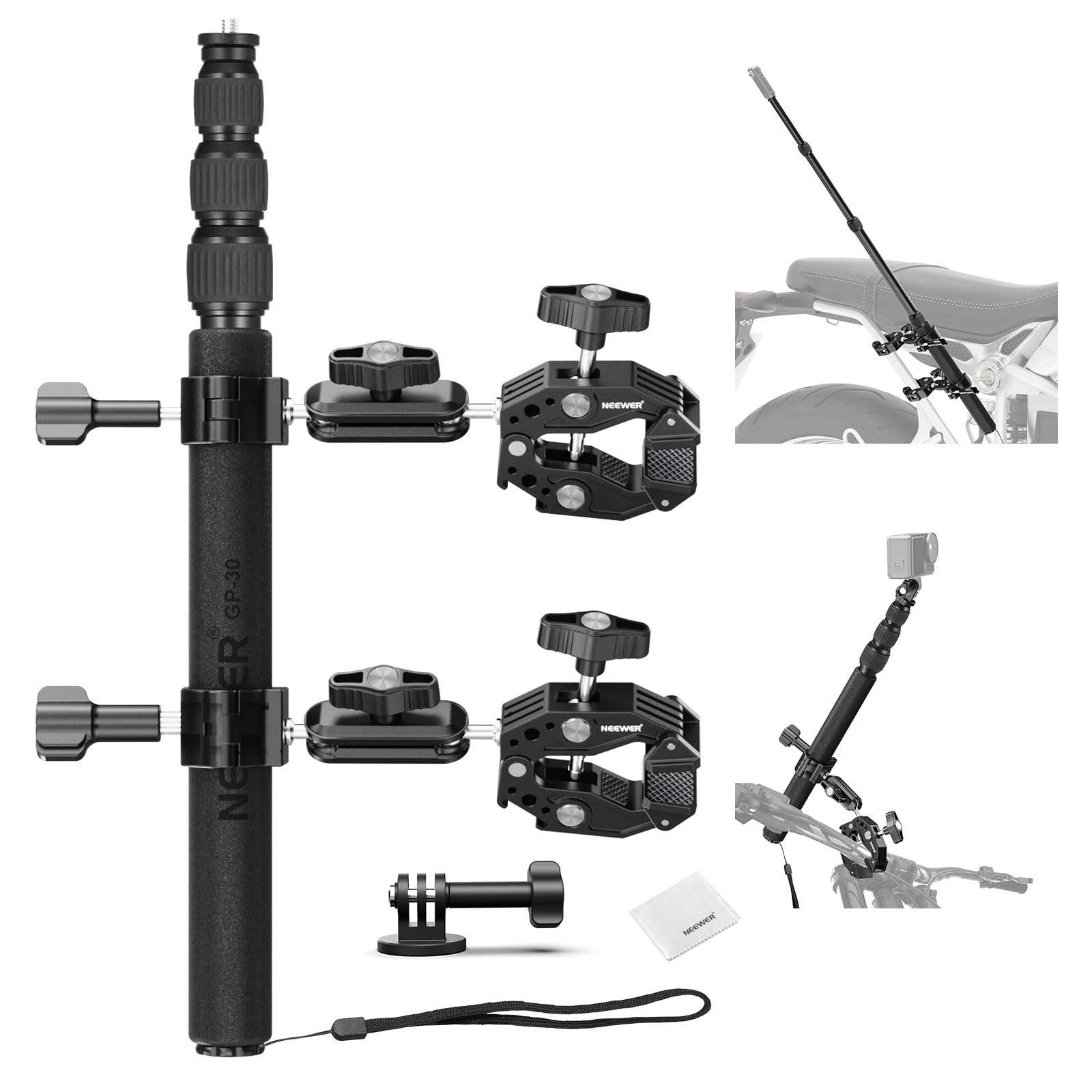NEEWER Motorcycle Camera Mount Kit, Bicycle Handlebar Invisible Selfie Stick, 360° Ball Heads, Super Clamps & Cleaning Cloth, Compatible with GoPro Insta360 DJI AKASO Action Cam Video Recording, GP-30