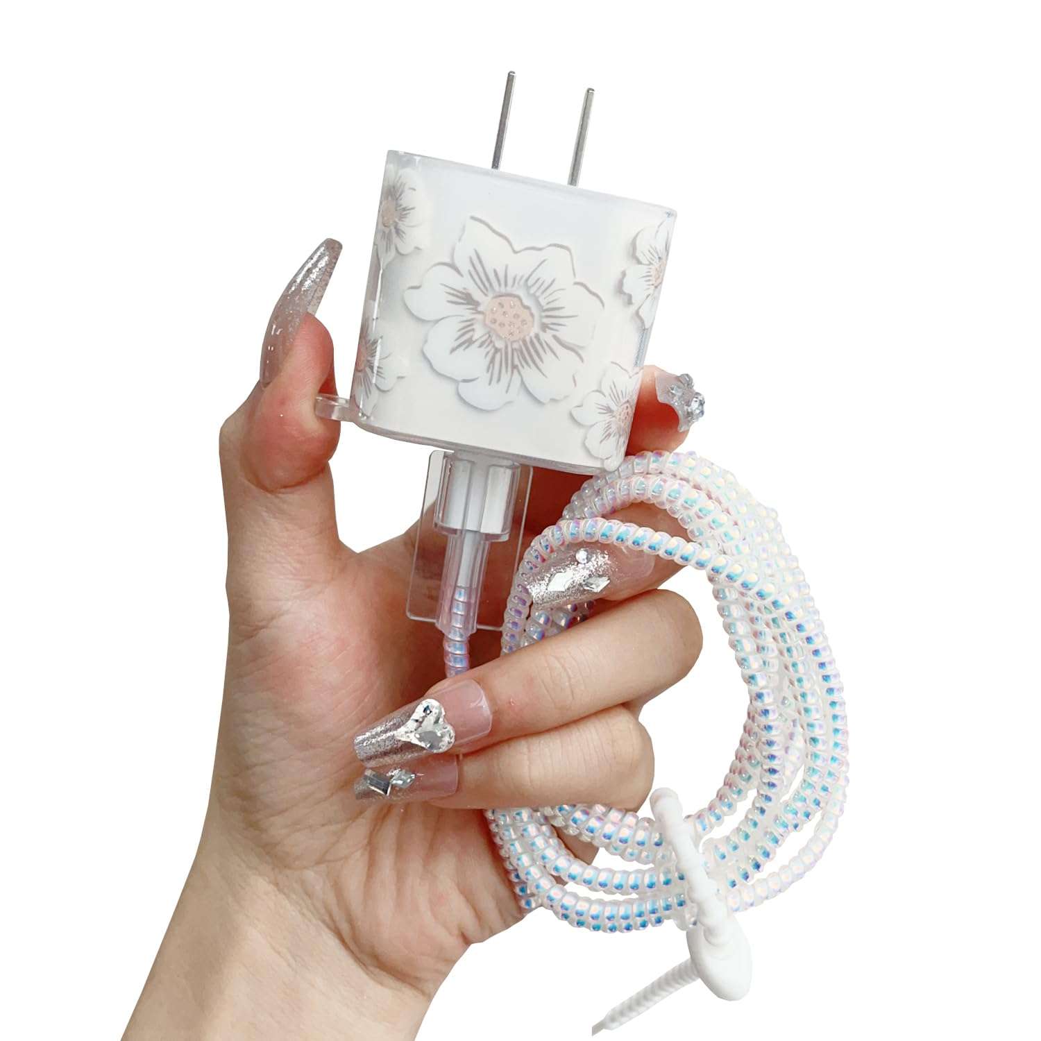 Faneiy for Apple 20W USB-C Power Adapter Charger Protective Case with USB Lightning Cable Cover,Cute Women Flower Floral Data Cable Phone Charger Data Line Earphone Wire Protector,White