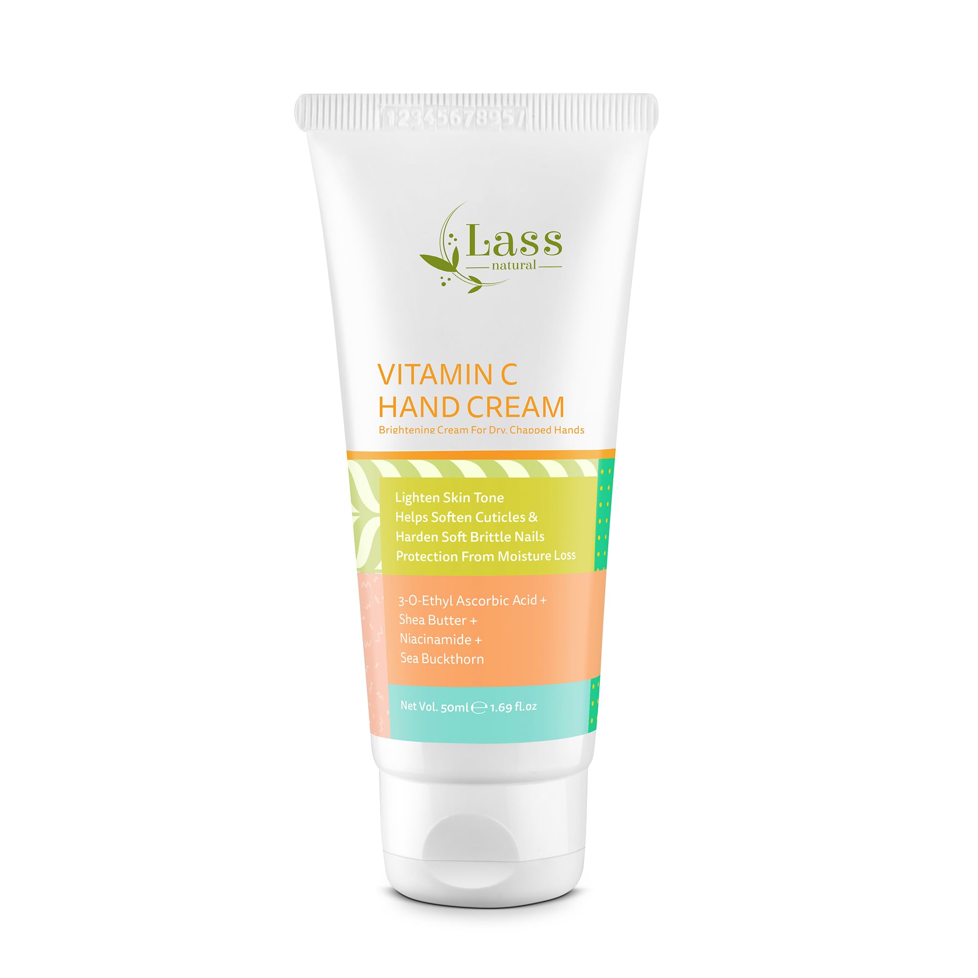 Lass Natural Vitamin C Hand Cream with Shea Butter, Niacinamide - 50gm for Women and Men | Helps in Soften Cutilcles for Dry and Rough Hands | For Brightening, Moisturising & Soften Brittle Nails