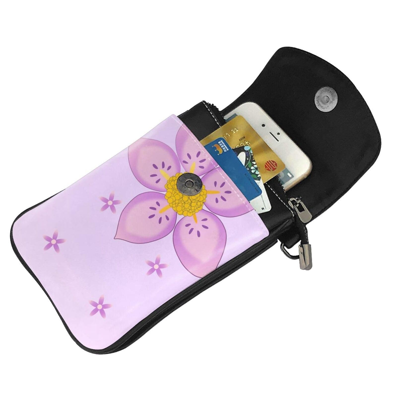 women Small Cell Phone Purse Five-petaled purple flowers picture Soft, durable and waterproof PU leather Convenient for daily use and travel 5