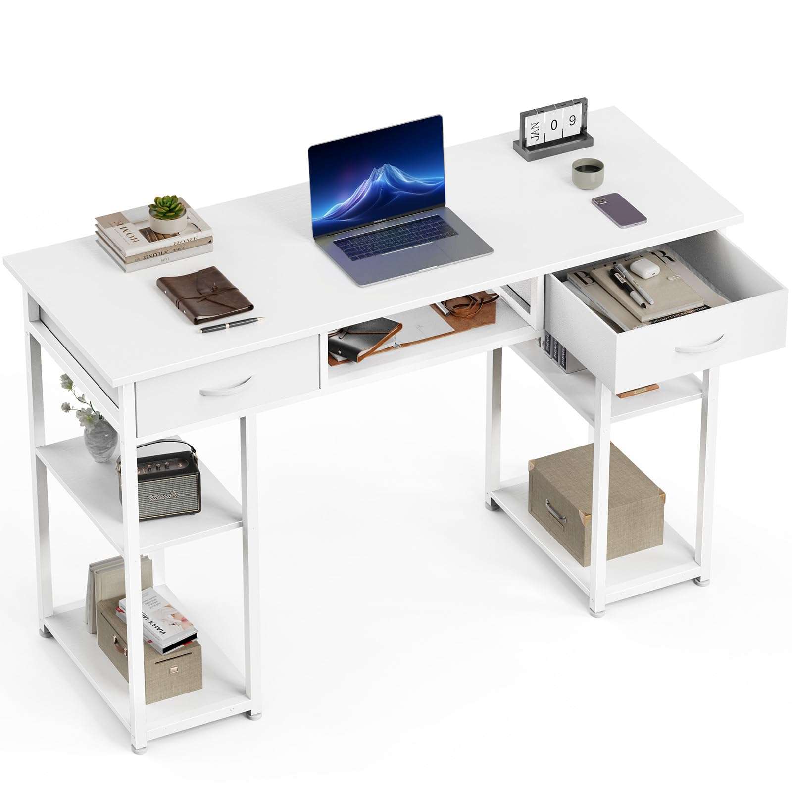 OLIXIS Computer Desk with 3 Drawers Study Writing Table with Storage Bag Headphone Hook Adjustable Feet for Home Office Small Spaces 1