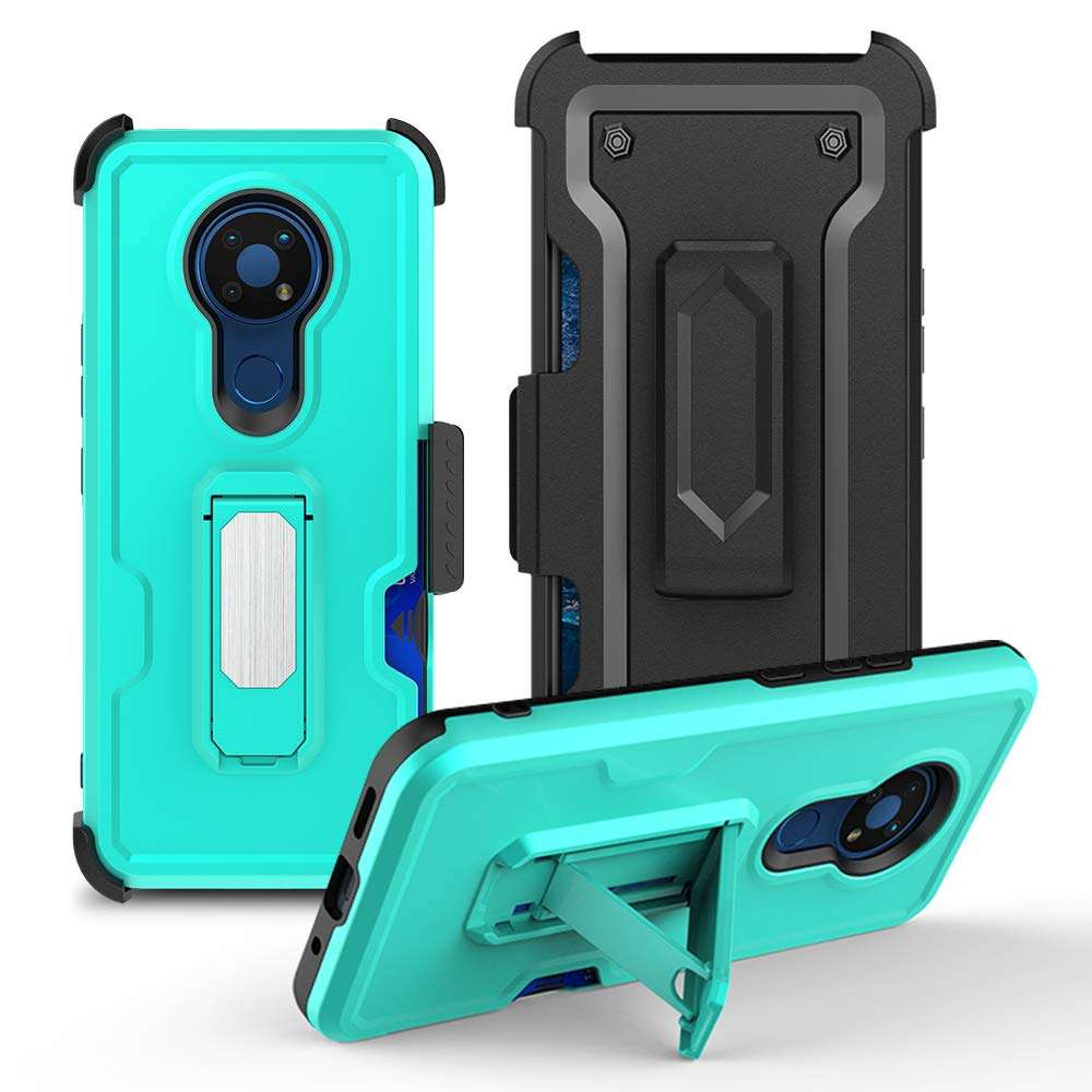 Futanwei Belt Clip Holster Rugged Cases for Cricket Nokia C5 Endi Case, Cricket C5 Endi Case, [Military Grade | Kickstand | Card Holder | Car Mount Function] Dual-Layer Heavy Duty Case, Mint Green 1