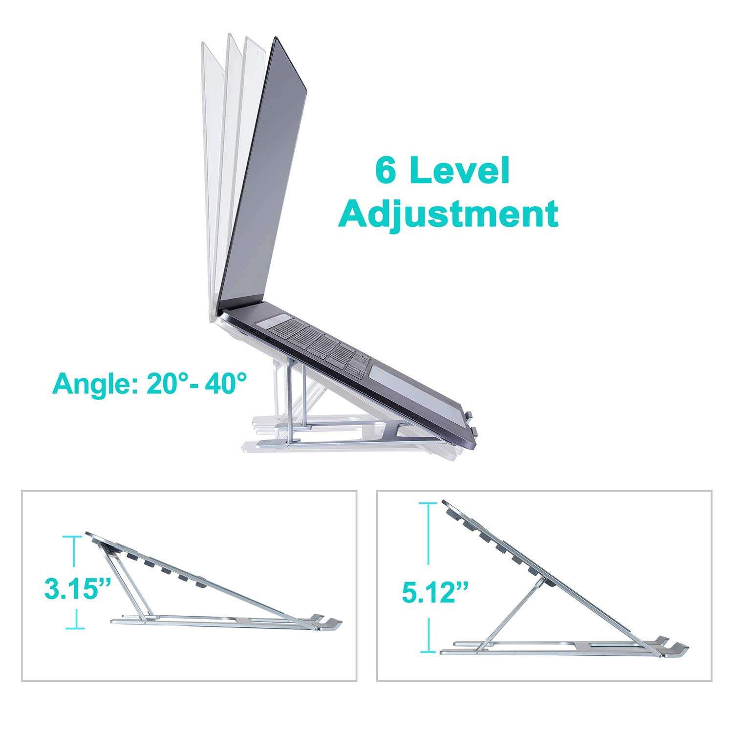 Laptop Stand Compatible with Apple MacBook Air/Pro Portable Laptop Riser Adjustable Foldable Notebook Stands Holder for Desk for Samsung, Lenovo and More Laptops up to 7"- 15" Silver, 2019 2