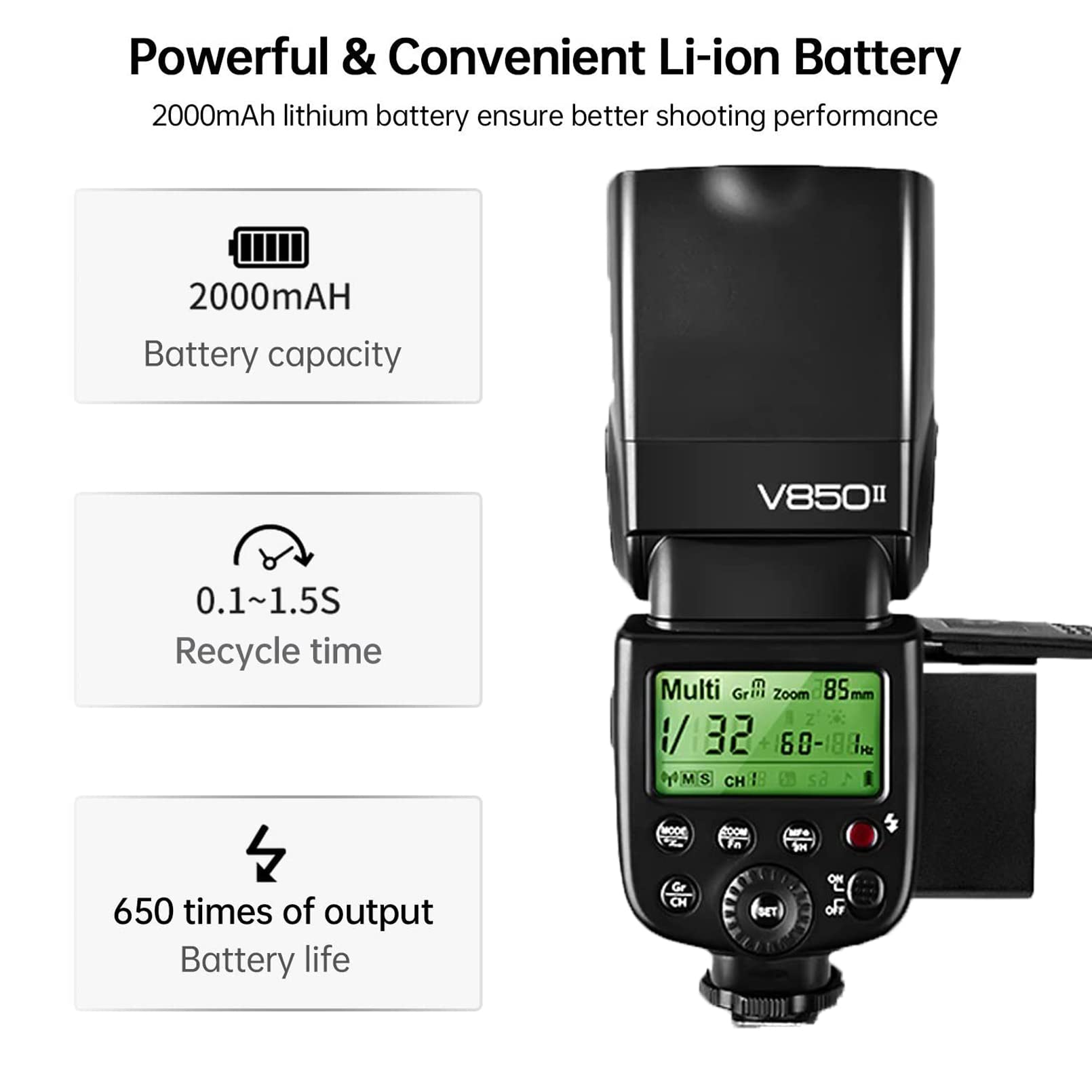 Godox V850II Camera Flash Speedlite, GN60 1/8000s HSS Flash Speedlight with 11.1V/2000mAh Li-ion Battery, 1.5s Recycle time 650 Full Power Pops, Compatible for Canon Nikon Sony Fuji Olympus Pentax 4