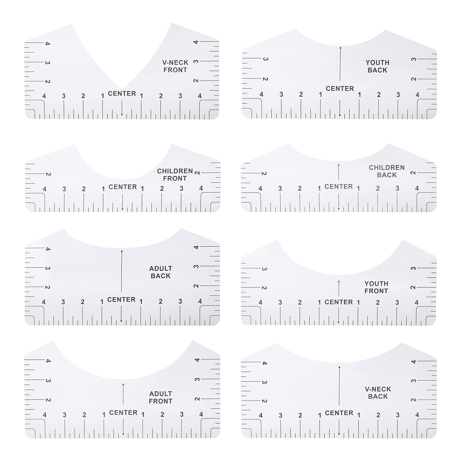 Round Neck T Ruler Alignment Front and Back Measurement Sewing Tool8Pcs Tshirt Rulers for Children Youth Adult(Transparent) Other Sewing Embroidery Supplies